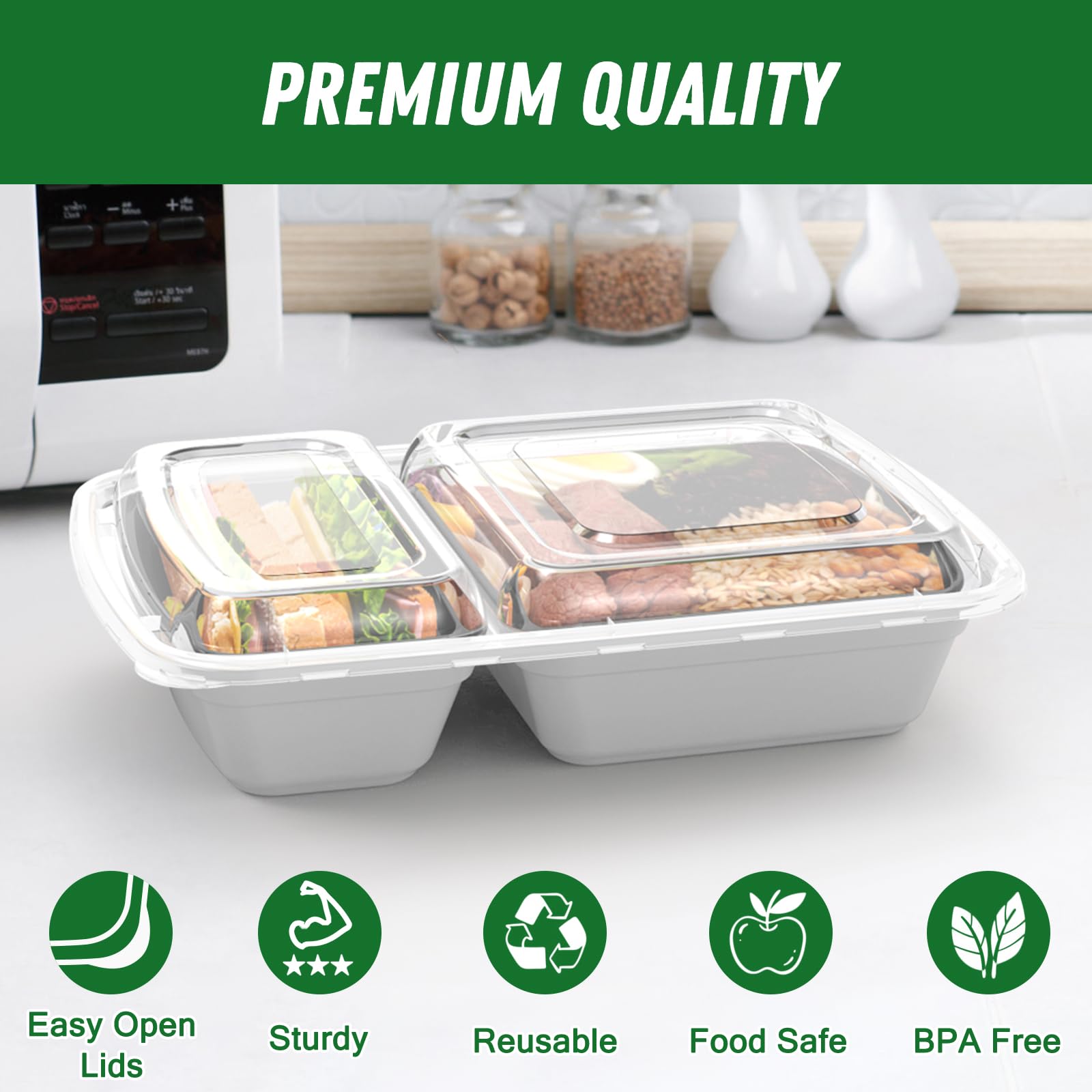 50 Pack (100-Piece) 28 Oz Meal Prep Containers Reusable With Lids 2-Compartment, Sturdy Leakproof Food Safe, Microwave Freezer D