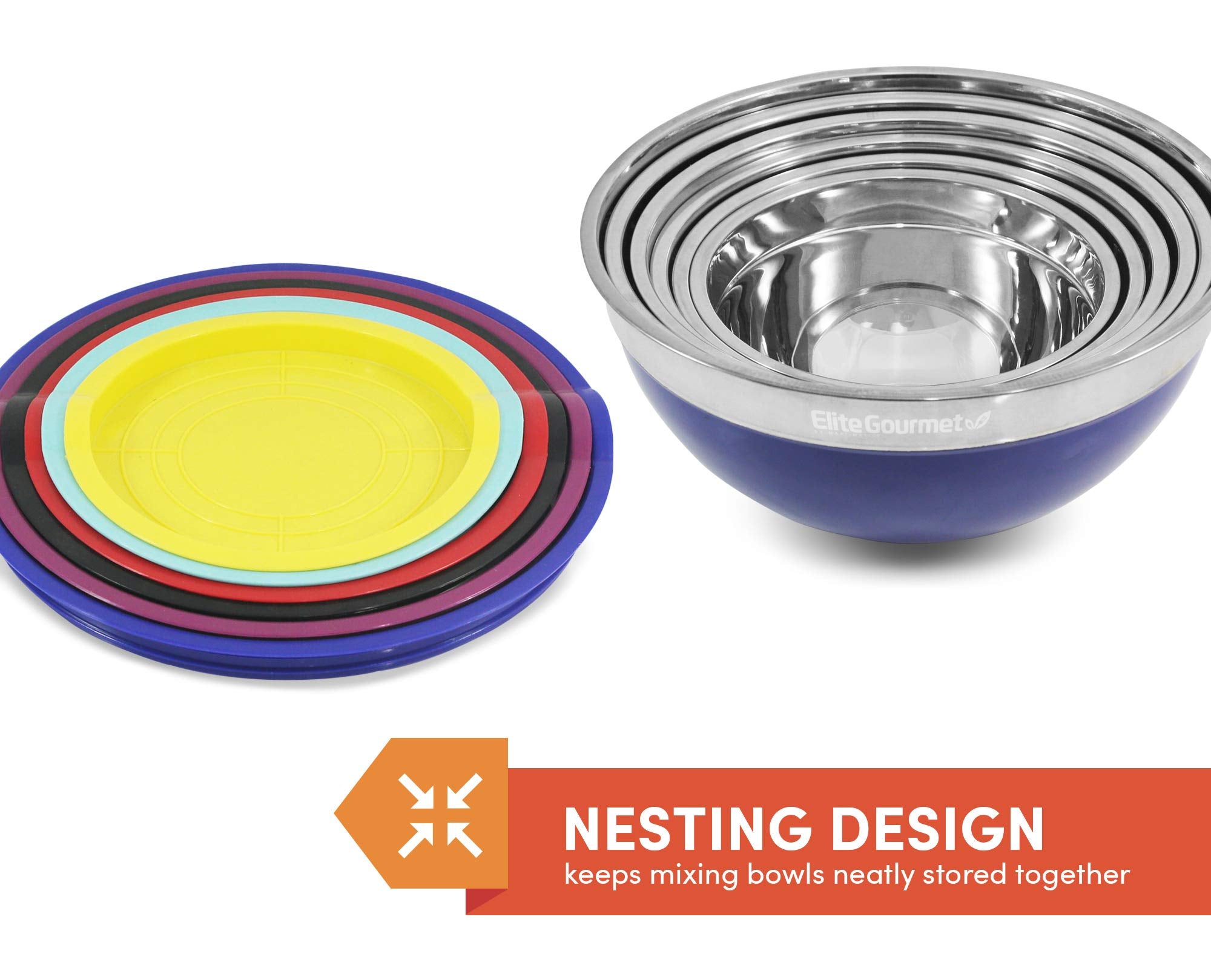 Elite Gourmet Ebs-0012#12-Piece Stainless Steel Interior Colored Stackable Nesting Mixing Bowls (Set Of 6) Space Saving Food Sto