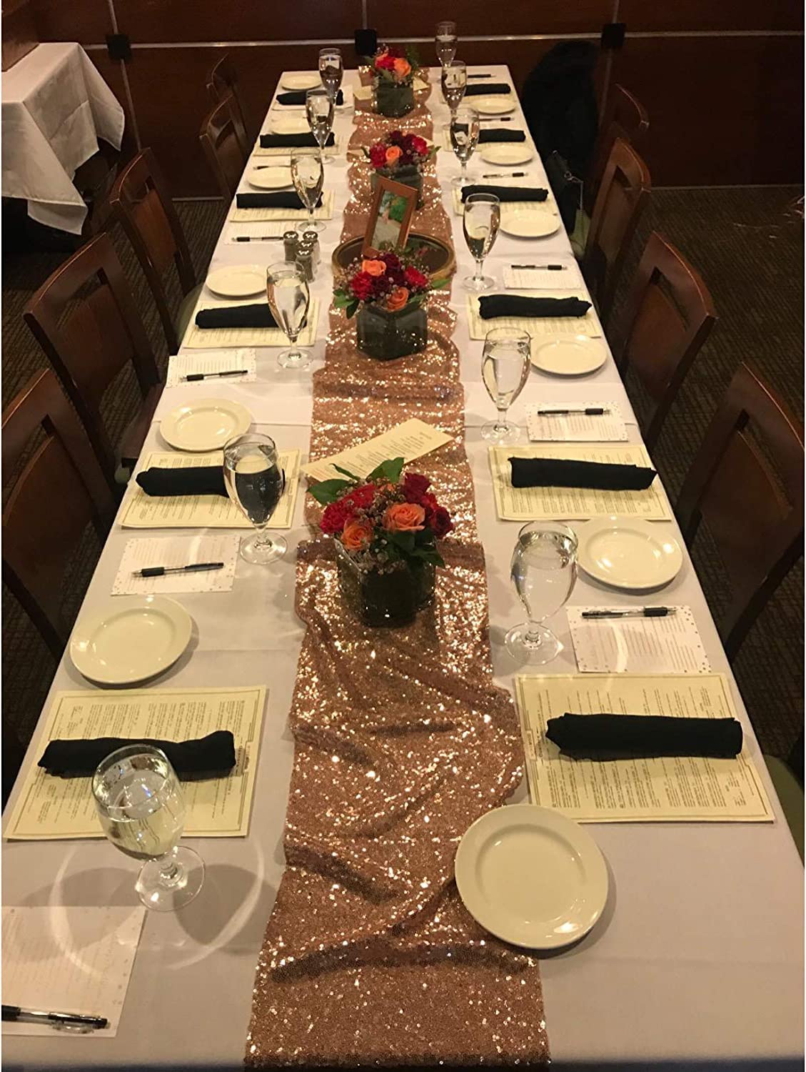 Partydelight 12 Pack 14'' X 108'' Rose Gold Sequin Table Runner For Wedding, Party, Bridal Baby Shower, Christmas.