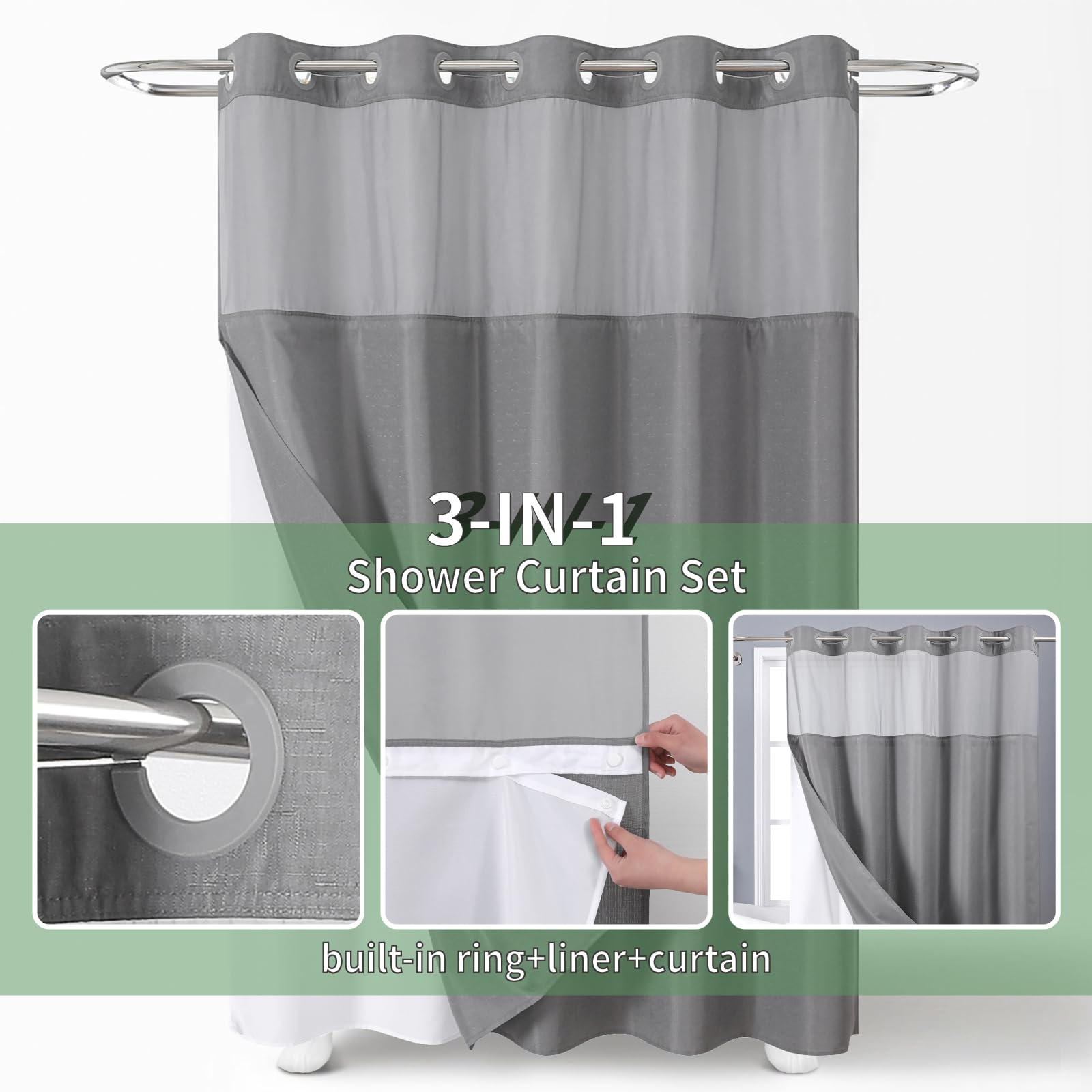 Eachope Grey Long No Hook Shower Curtain With Snap-In Fabric Liner Set,Slub Textured Fabric Shower Curtains For Bathroom,Hotel S