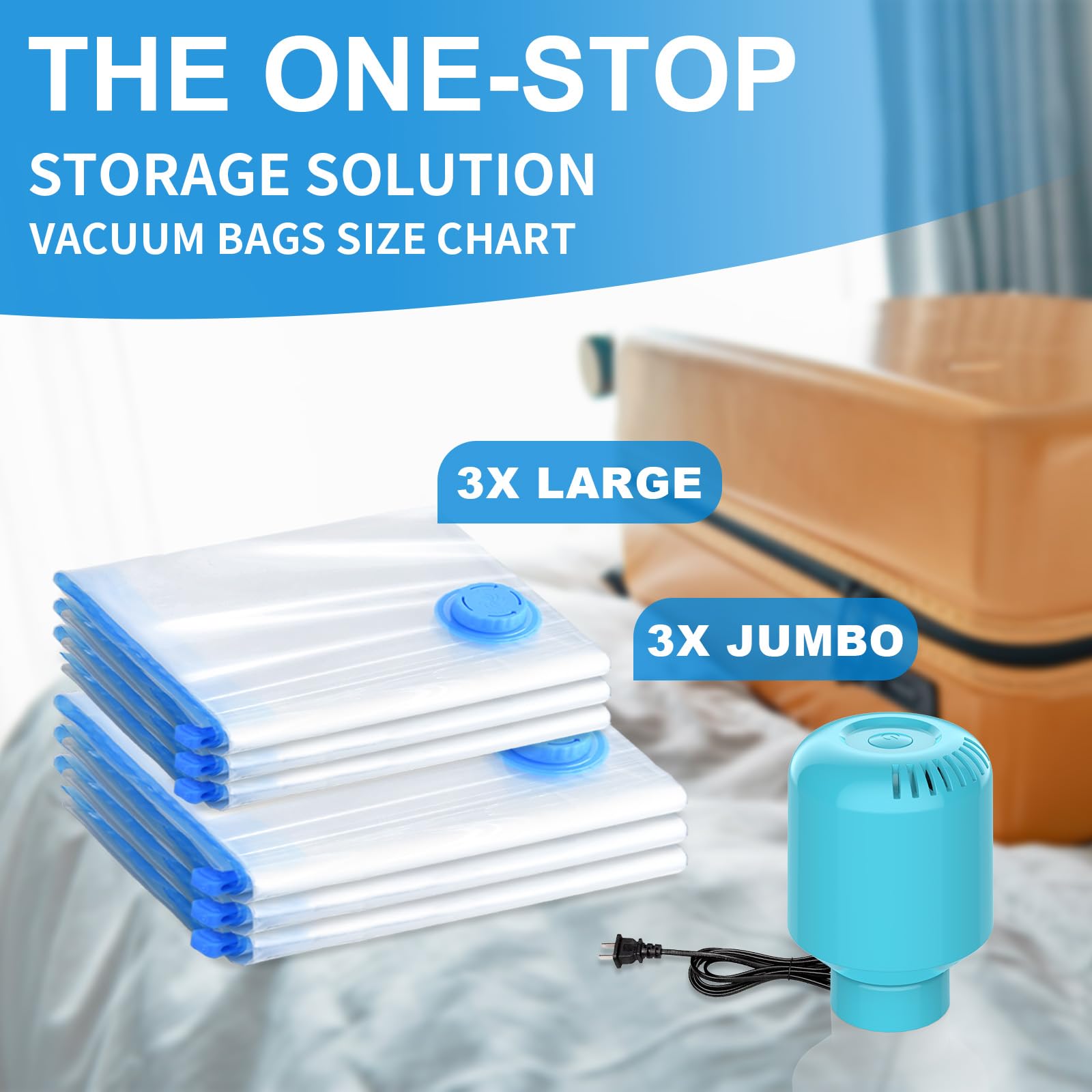Szo 6 Pack Vacuum Storage Bags With Electric Air Pump,(3 Jumbo/3 Large) Vacuum Seal Bags For Clothing Travel, Space Saver Bags F