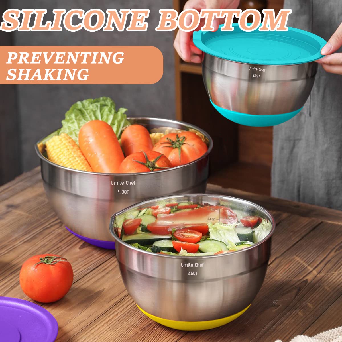 Umite Chef Mixing Bowls Set, 26Pcs Stainless Steel with Airtight Lids, 3 Grater Attachments, Colorful Non-Slip Bottoms, Sizes 1QT to