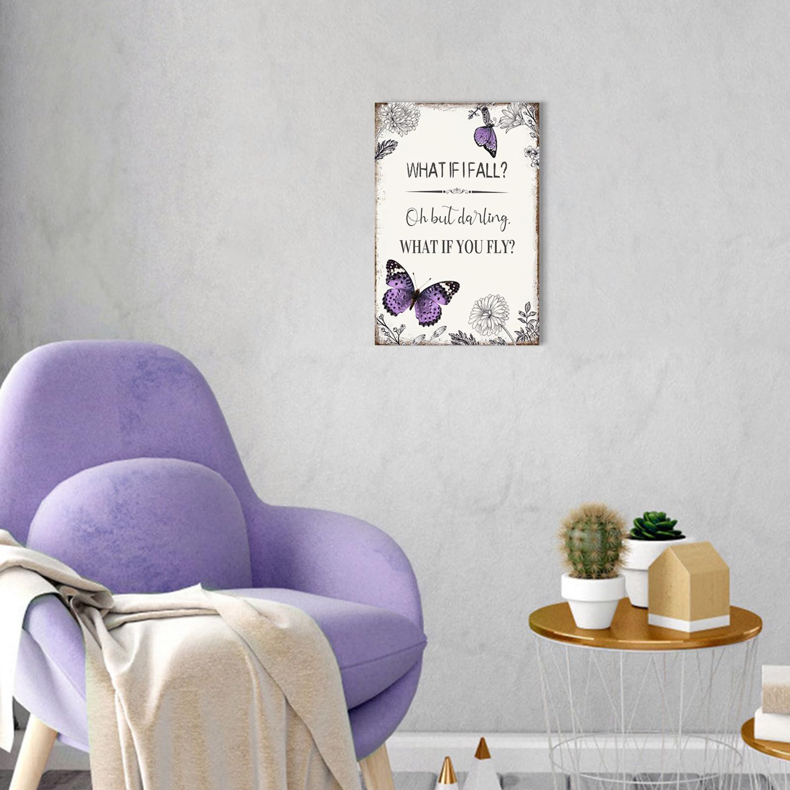 Ypy Inspirational Quote Canvas Wall Art : Purple Butterfly Picture Motivational Framed Poster, What If I Fall Positive Sign For