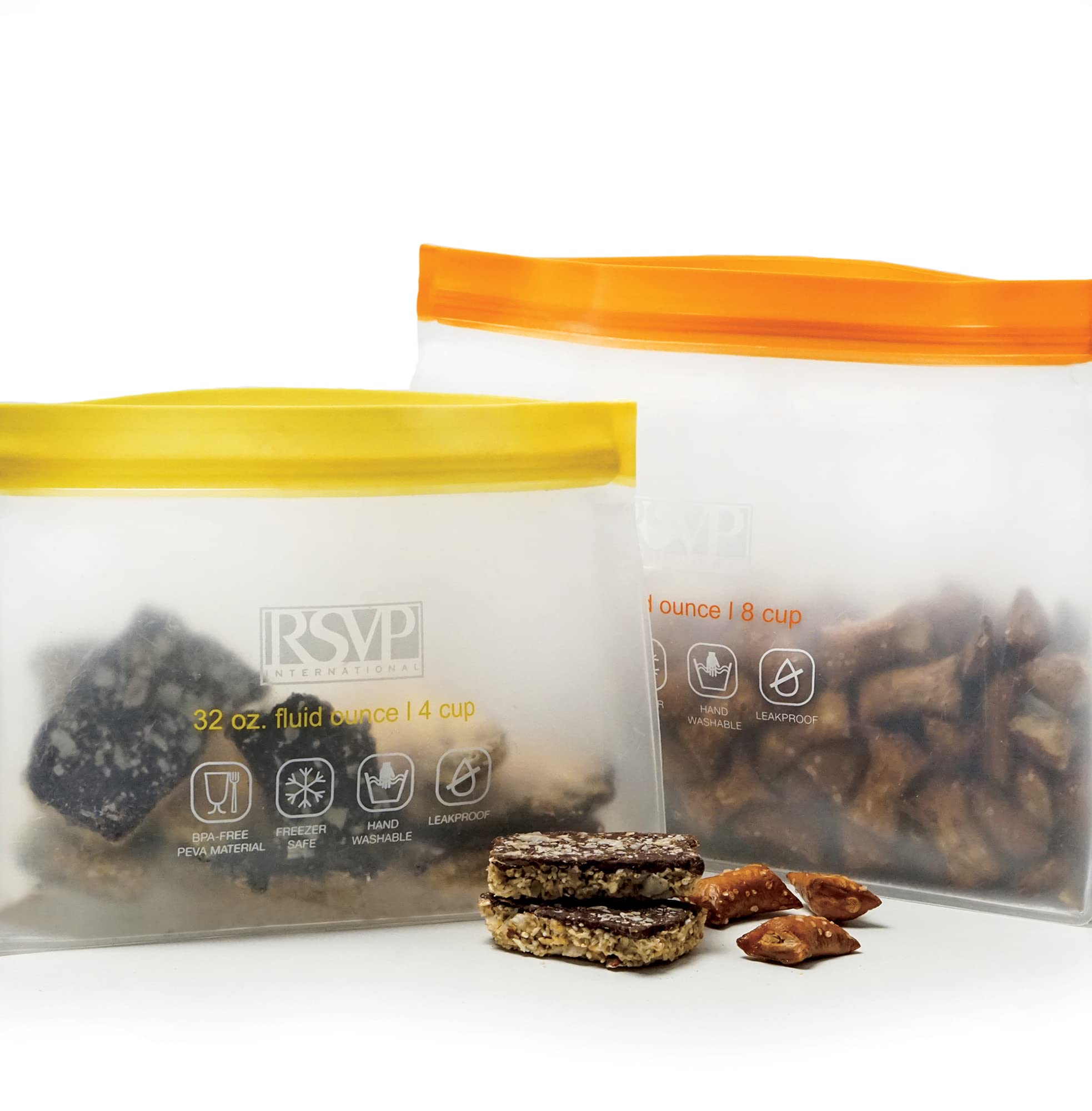 Rsvp International Reusable Food Storage Collection Eco Seal Bags, Stand-N-Seal Set, Orange/Yellow