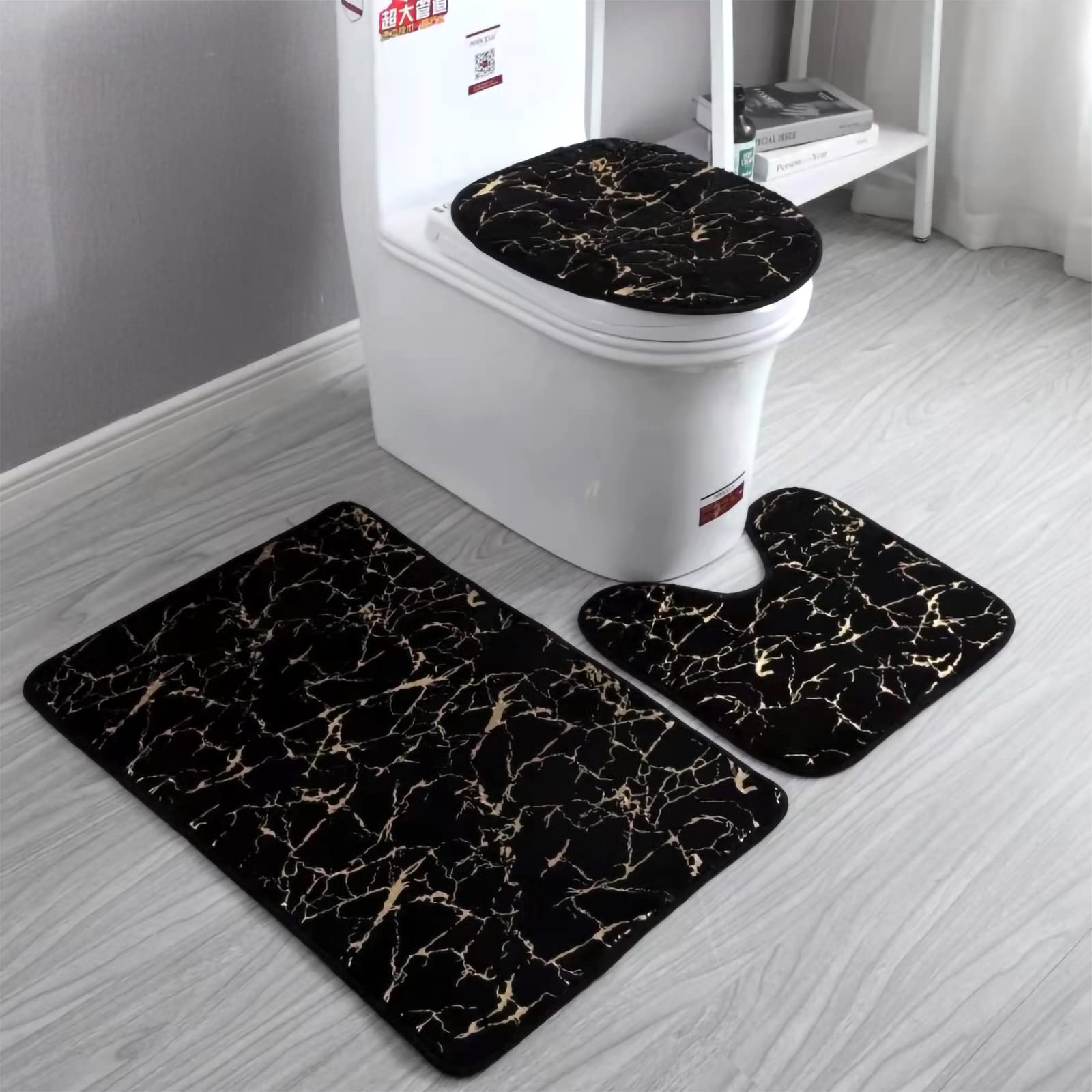 Marble Bathroom Rugs And Mats Set 3 Piece Nonslip Black Gold Bathroom Mats Soft Washable Bath Mats For Bathroom Floor Mats Carpe