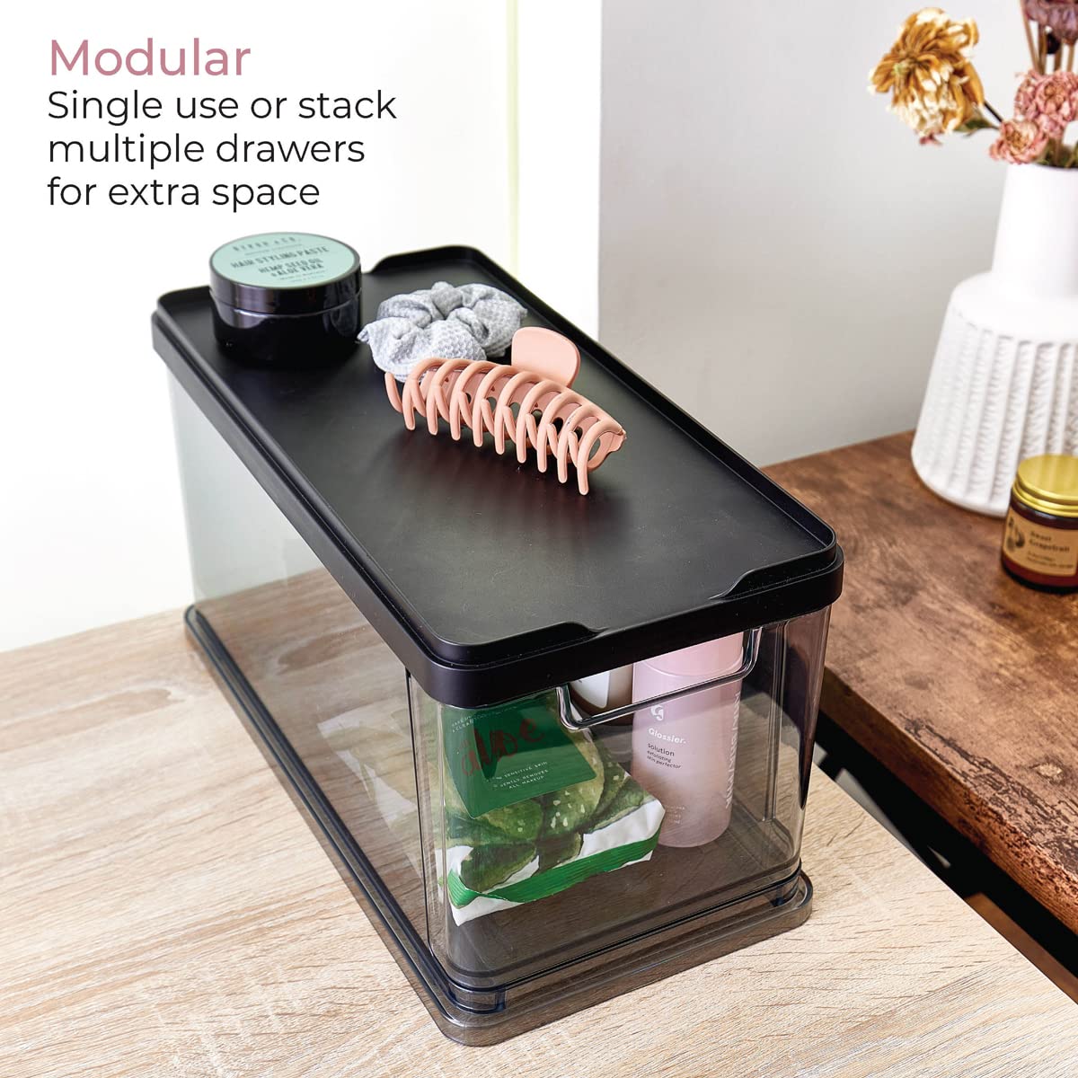 iDesign The Sarah Tanno Collection Medium Stacking Cosmetic Drawer Organizer with Lid and Divider, Smoke/Black