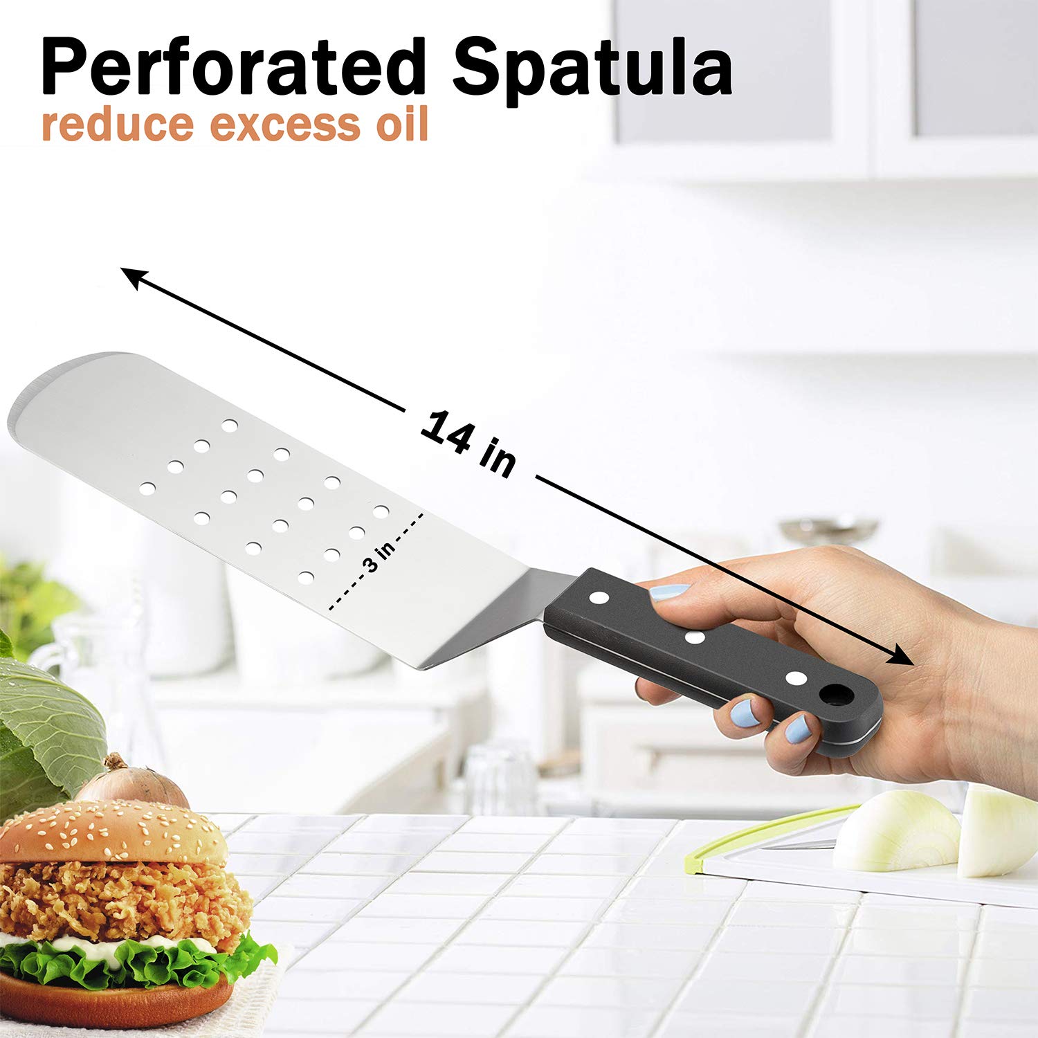 Hasteel Metal Griddle Spatula, Stainless Steel Long Spatula With Riveted Handle, Heavy Duty Perforated & Solid Spatula Burger Tu