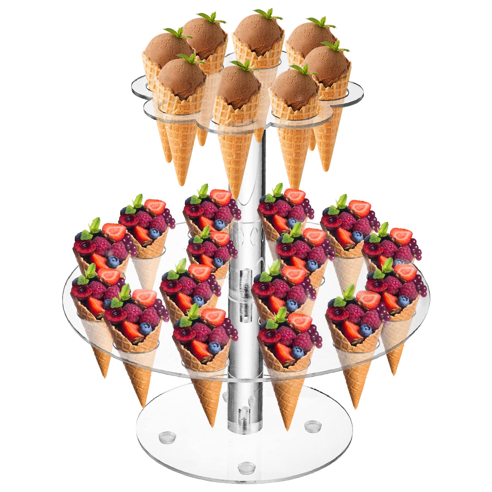 Hacaroa Acrylic Ice Cream Cone Holder, 24 Holes Waffle Sushi Hand Roll Stand Double Layer Cone Display Stand, Clear Food Display