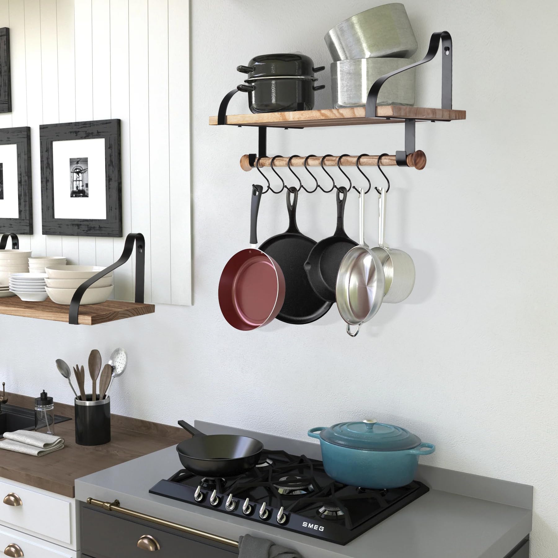 Gurfury Wooden Hanging Pot Rack With 8 Hooks - Farmhouse Style Wall Mount Multifunctional Cookware Organizer Rack Kitchen Storag