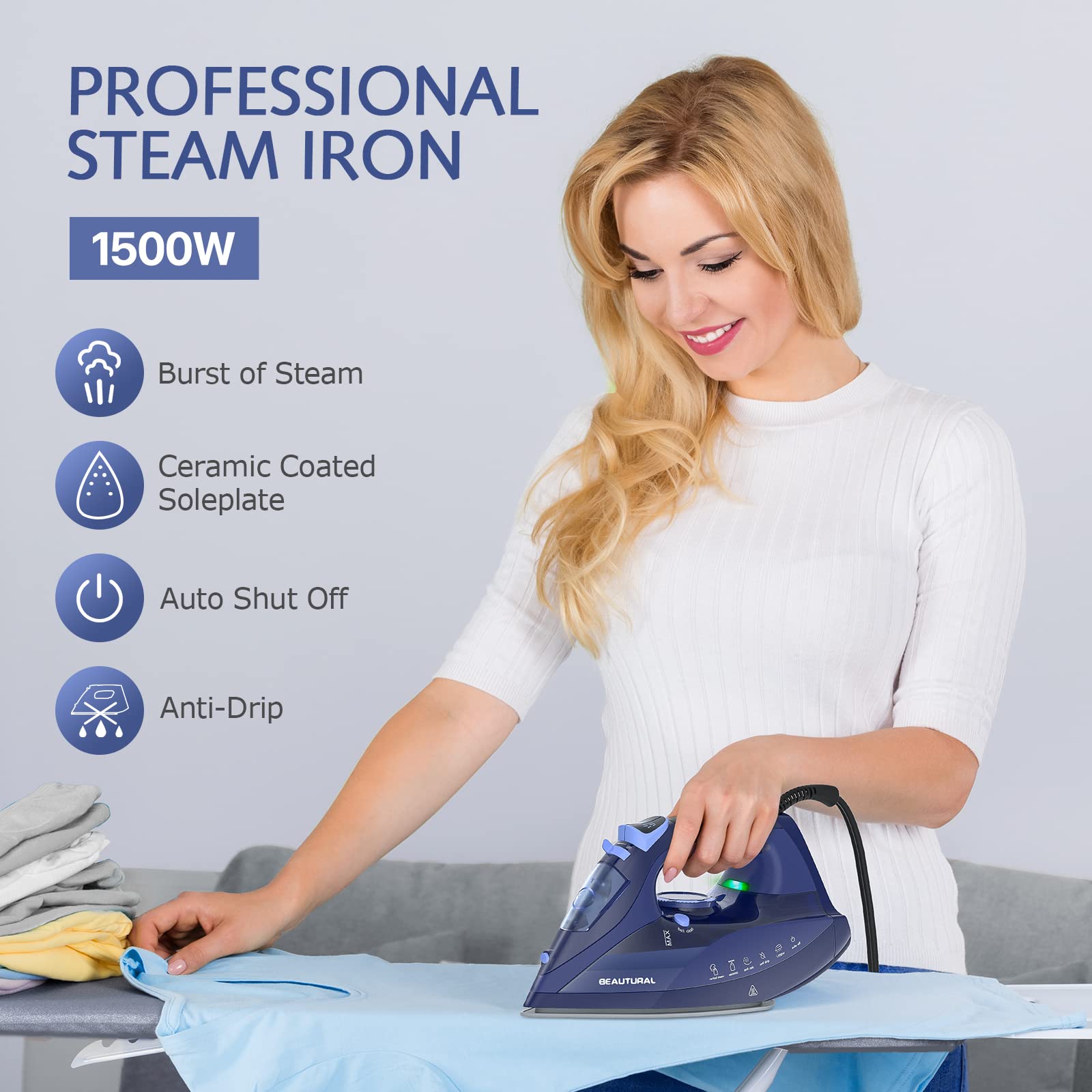 Beautural Steam Iron For Clothes With Precision Thermostat Dial, Ceramic Coated Soleplate, 3-Way Auto-Off, Self-Cleaning, Anti-C