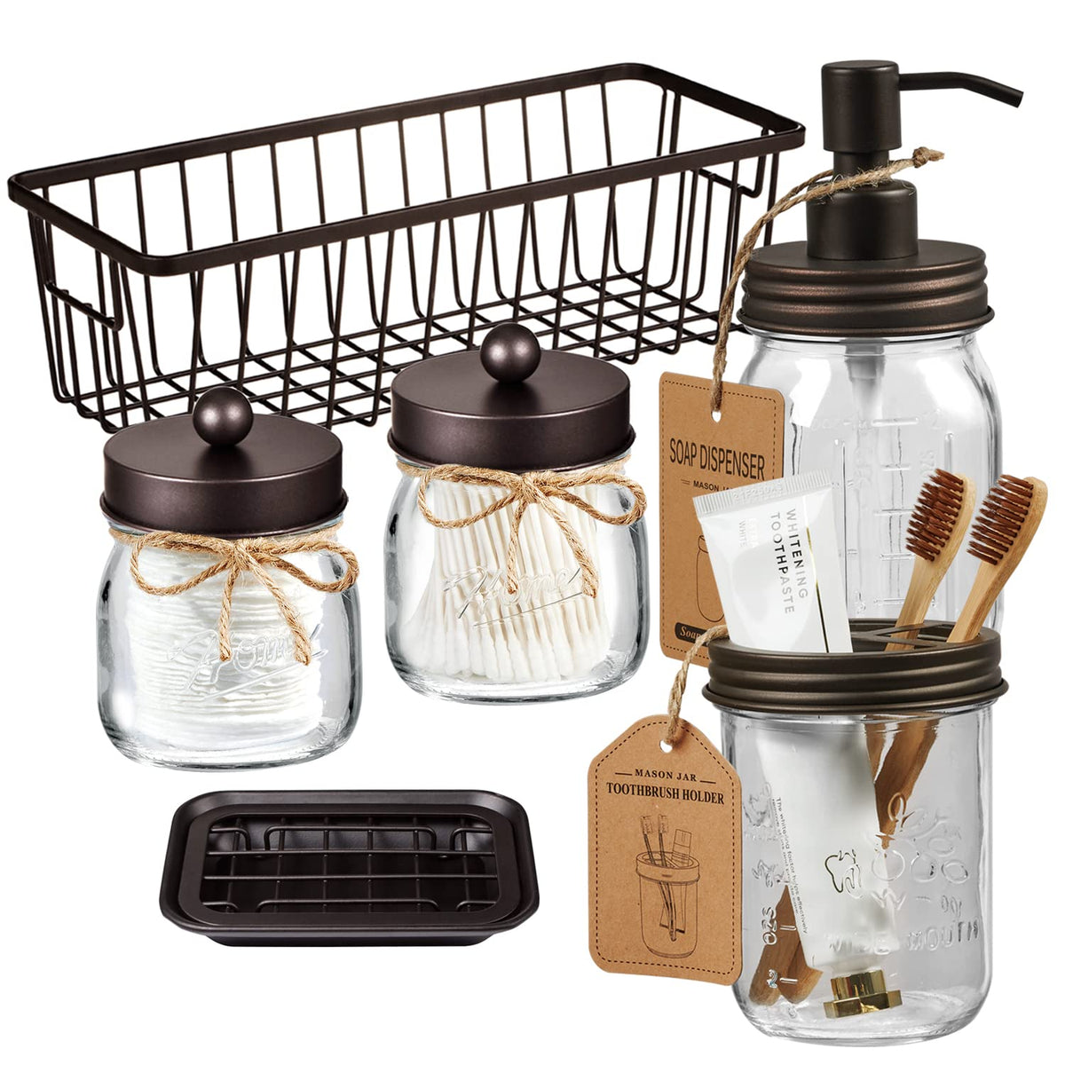 Sheechung Mason Jar Bathroom Accessories Set (6Pcs) Rustic Farmhouse Decor - Lotion Soap Dispenser, Toothbrush Holder, 2 Apothec