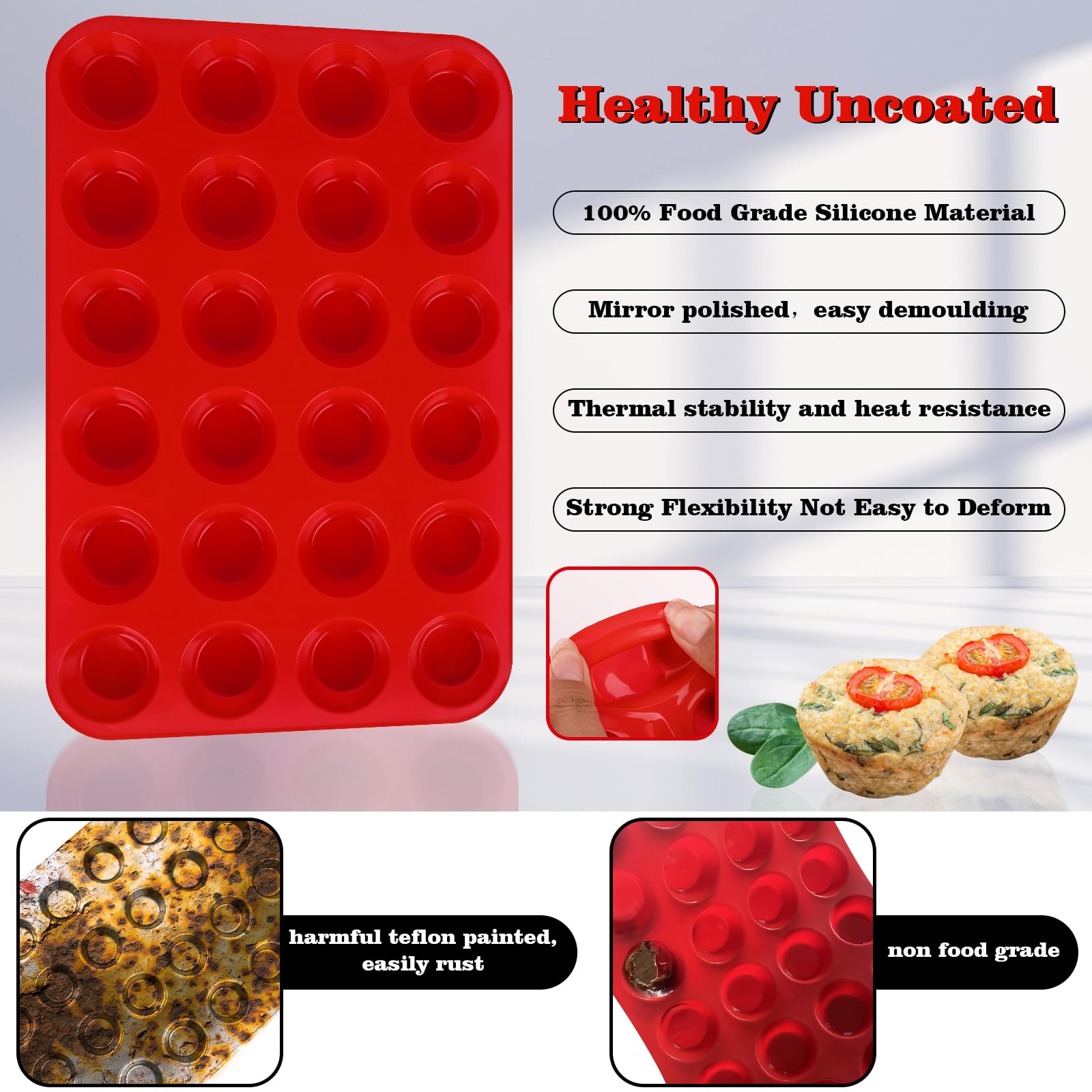 Sakolla Silicone Muffin Pan - 24-Cup Silicone Egg Bite Molds - Non-Stick Silicone Molds For Making Custard, Chocolate, Cupcakes,