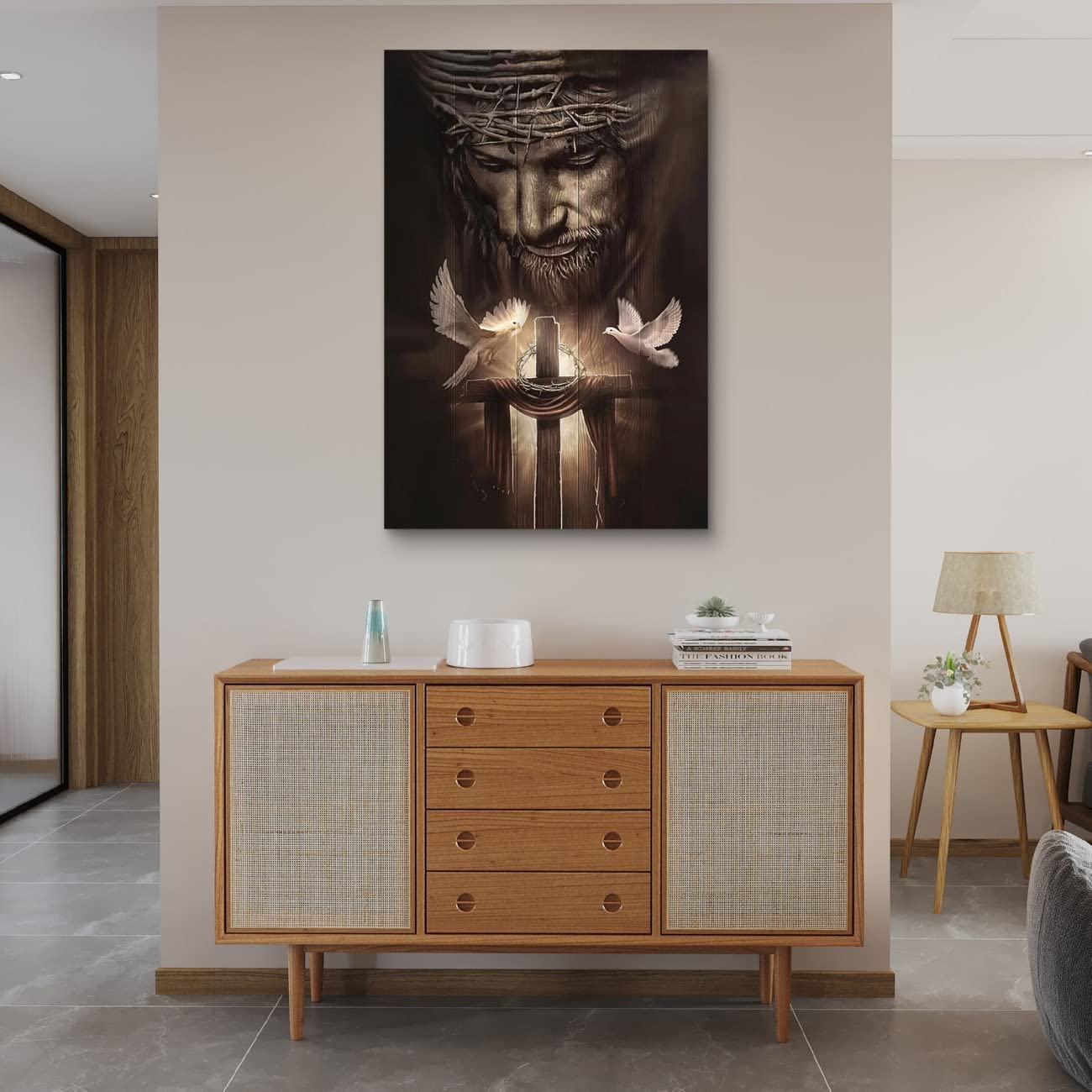 Fchen Art Christian Jesus Lion Canvas Wall Art Jesus And The Cross And The Dove Of Peace Wall Decor Jesus Artwork Christian Wall