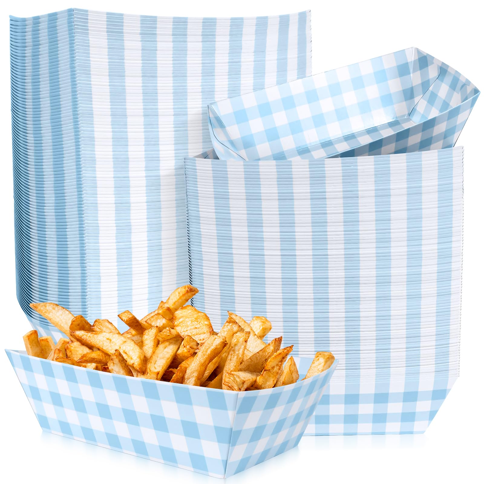 100 Pcs Blue Gingham Paper Food Trays, Pre-Folded Light Blue Checkered Disposable Food Boats for Hot Dogs, Fries, Nachos, Snacks