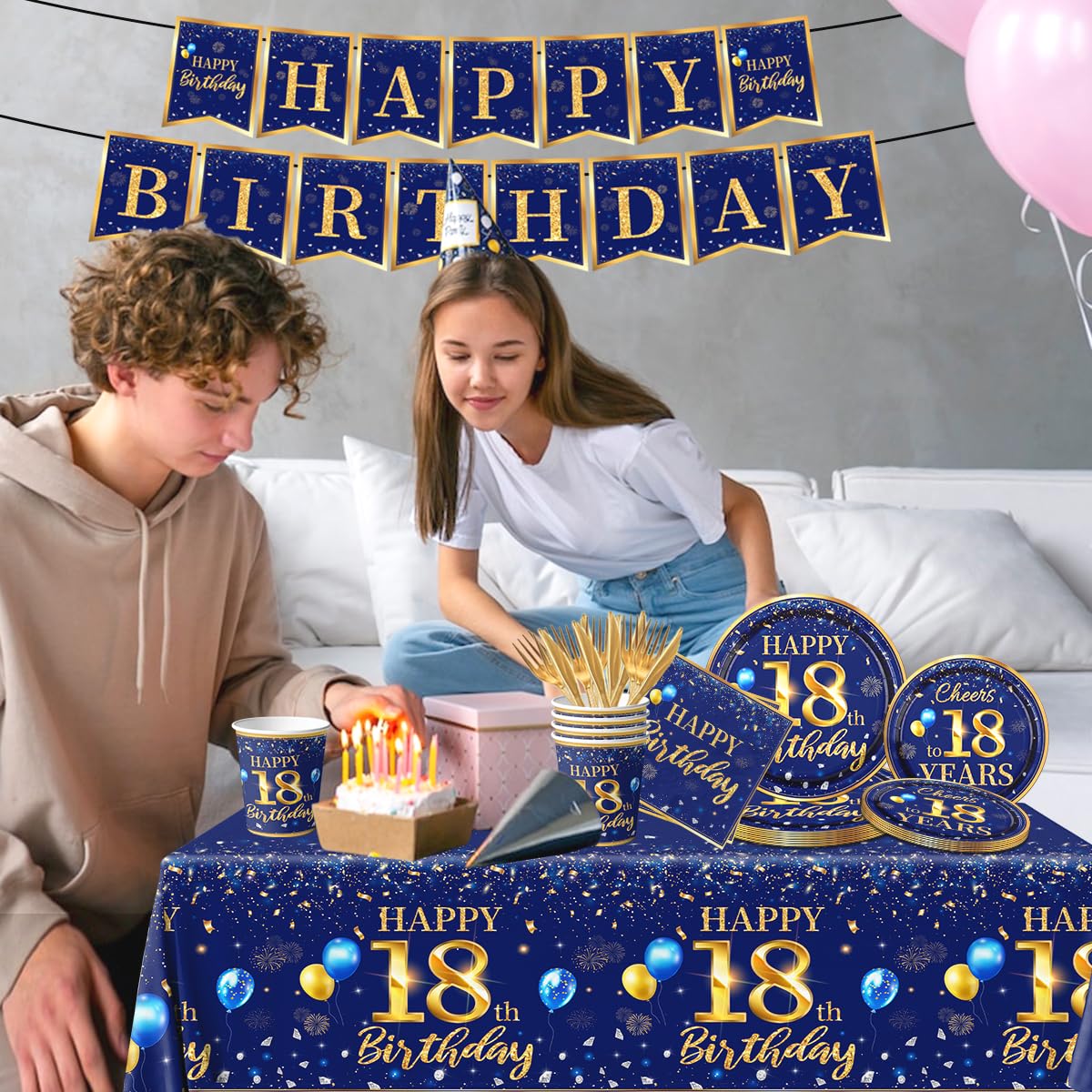 18Th Birthday Decoration Men-142Pcs Navy Blue And Gold Birthday Tableware Set(Serve For 20) Include Happy 18Th Birthday Banner P