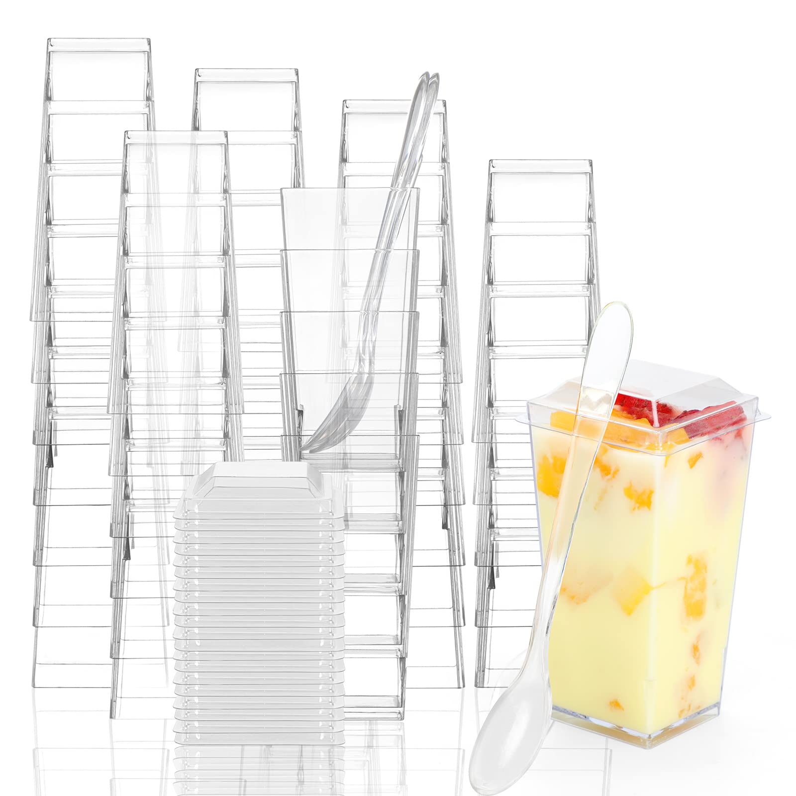 Easercy 50 Pack 3 Oz Square Mini Dessert Cups With Lids And Spoons Clear Dessert Shooter Cups With Spoons Parfait Cups With Lids