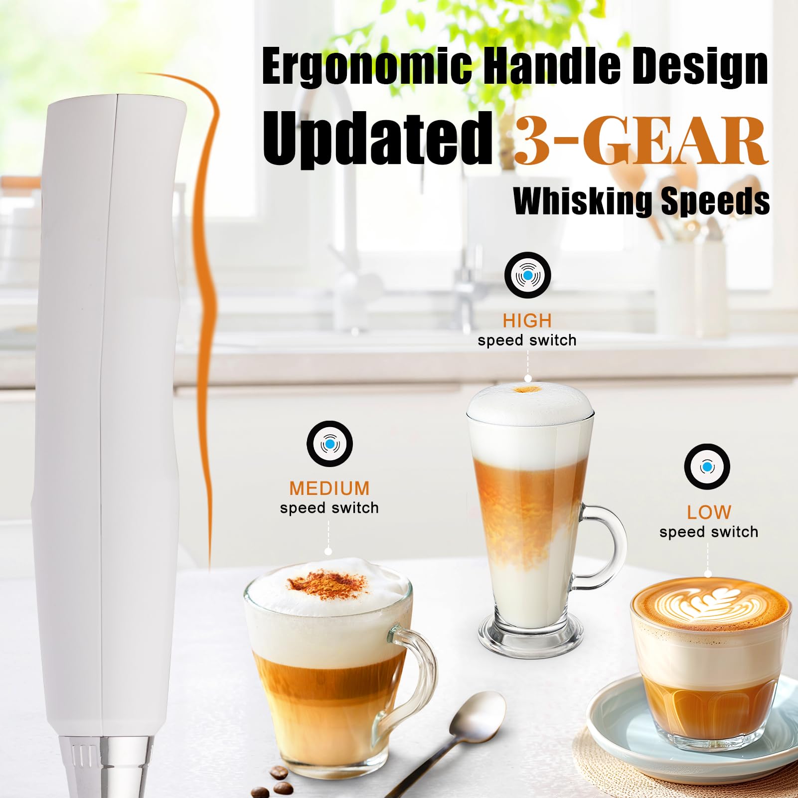 Nahida Handheld Milk Frother for Coffee  Rechargeable Electric Whisk with 3 Heads 3 Speeds Drink Mixer Foam Maker For Latte  Cappuccino  Hot Chocolate  Egg - White