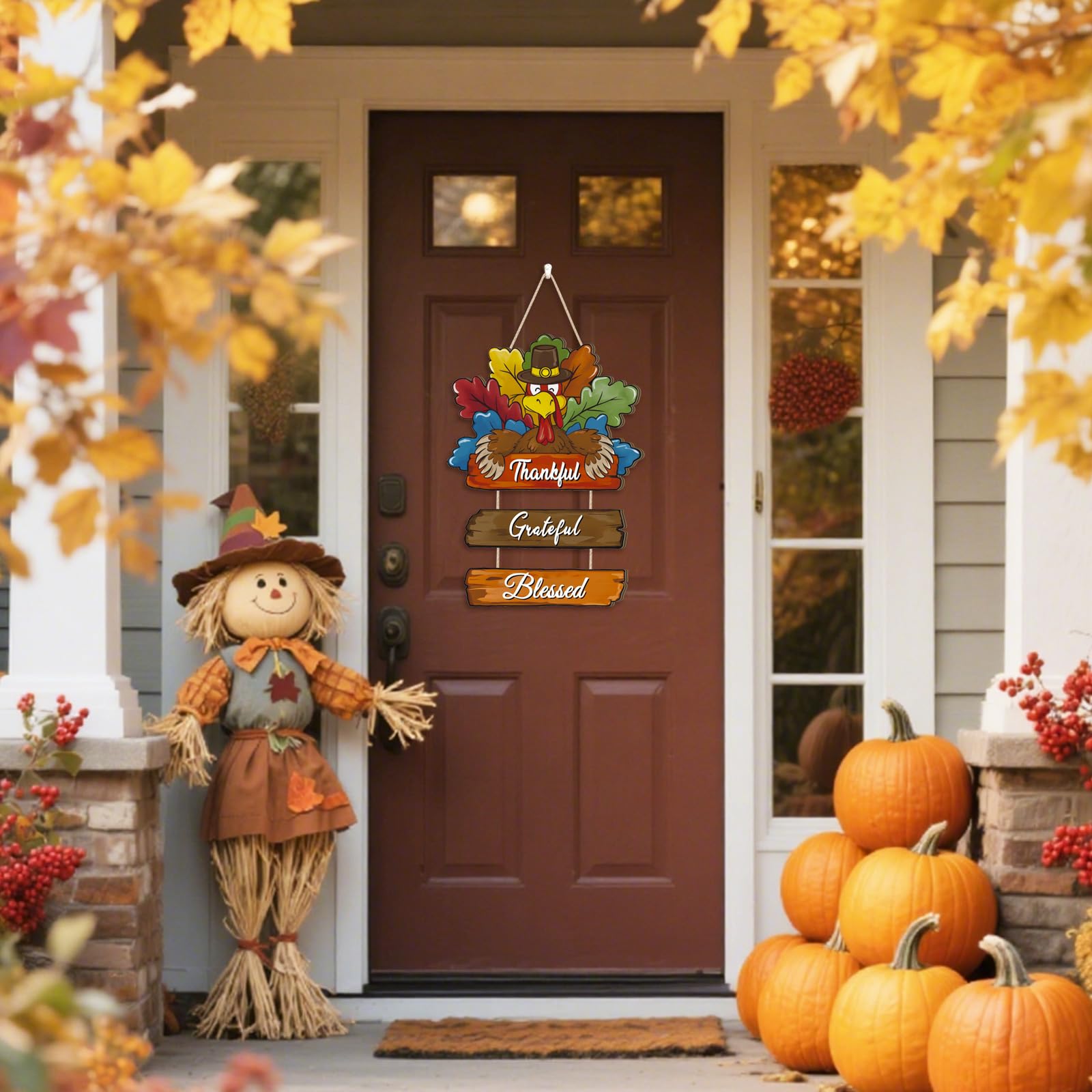 Aryroi Thanksgiving Day Wood Door Hanger,Turcky Wall Sign,Fall Thankful Sign,Autumn Wooden Sign,Grateful for Harvest Wall Plaque