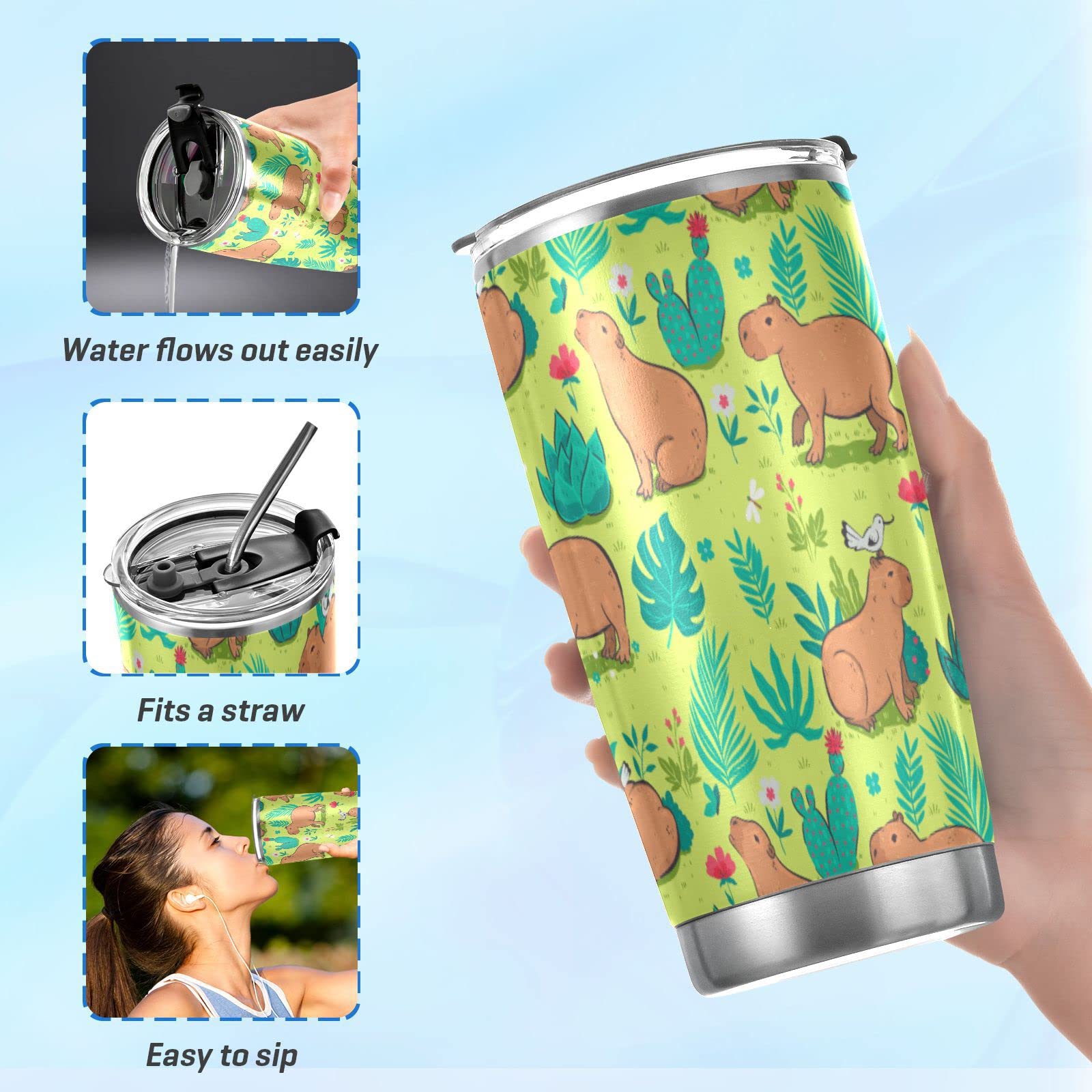 Yasala Tumbler Capybara Cacti Blue Insulated Coffee Cup Driver Beverage Container Office Travel Mug With Straw And Lid 20Oz Back