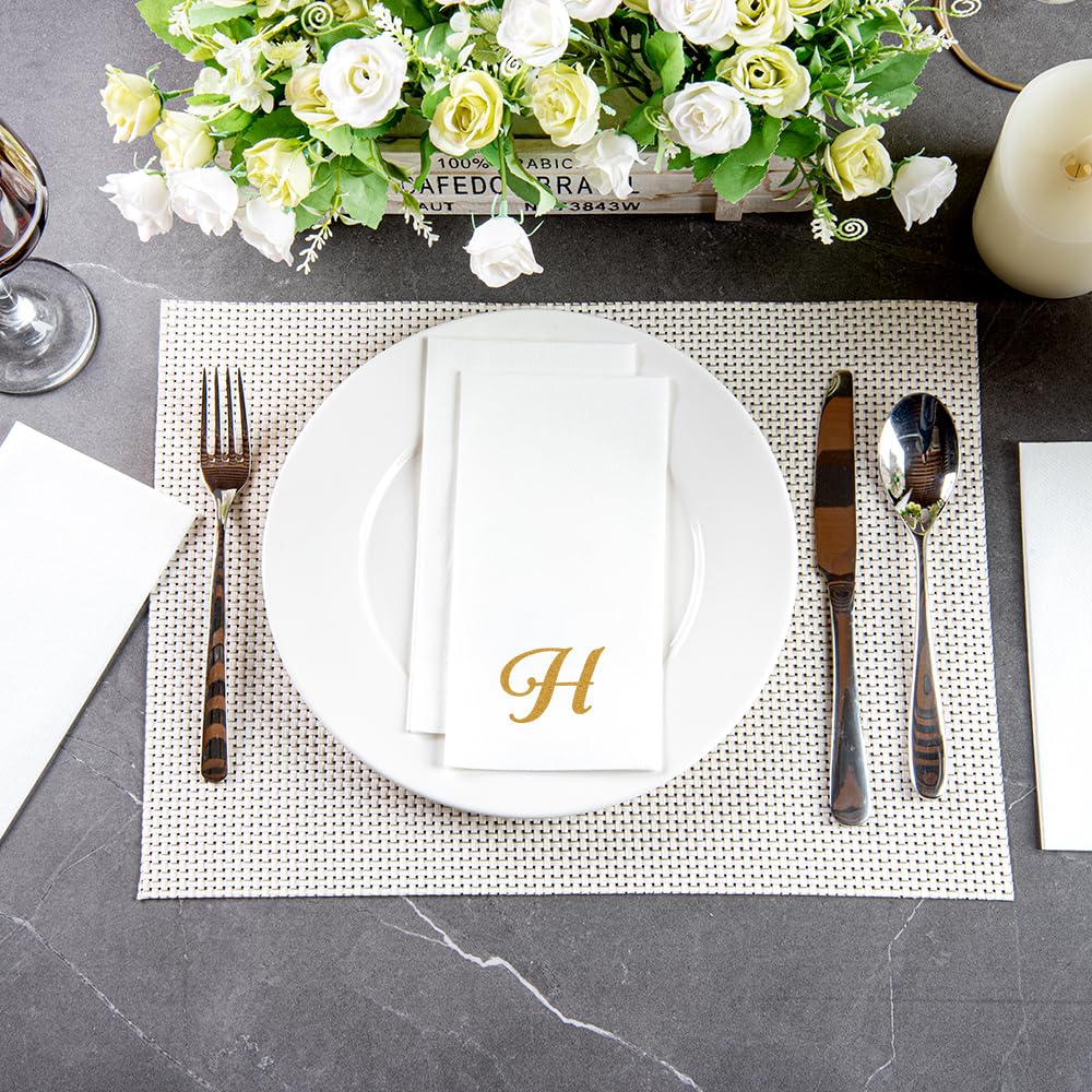 Luxenap 15.8 X 7.9 Inch Linen-Feel Guest Towels, 2000 Lettered Hand Towels - Gold Letter 'H', Cursive Font, White Paper Dinner N