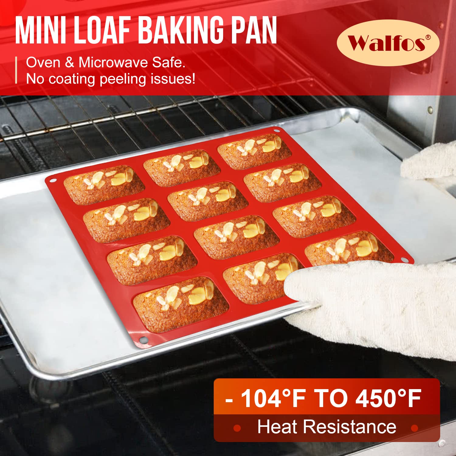Silicone Mini Loaf Pan, Walfos 12 Cavities Mini Bread Pan Brownie Pan, Food Grade & Non-Stick, Ideal For Mini Bread, Brownie, Co