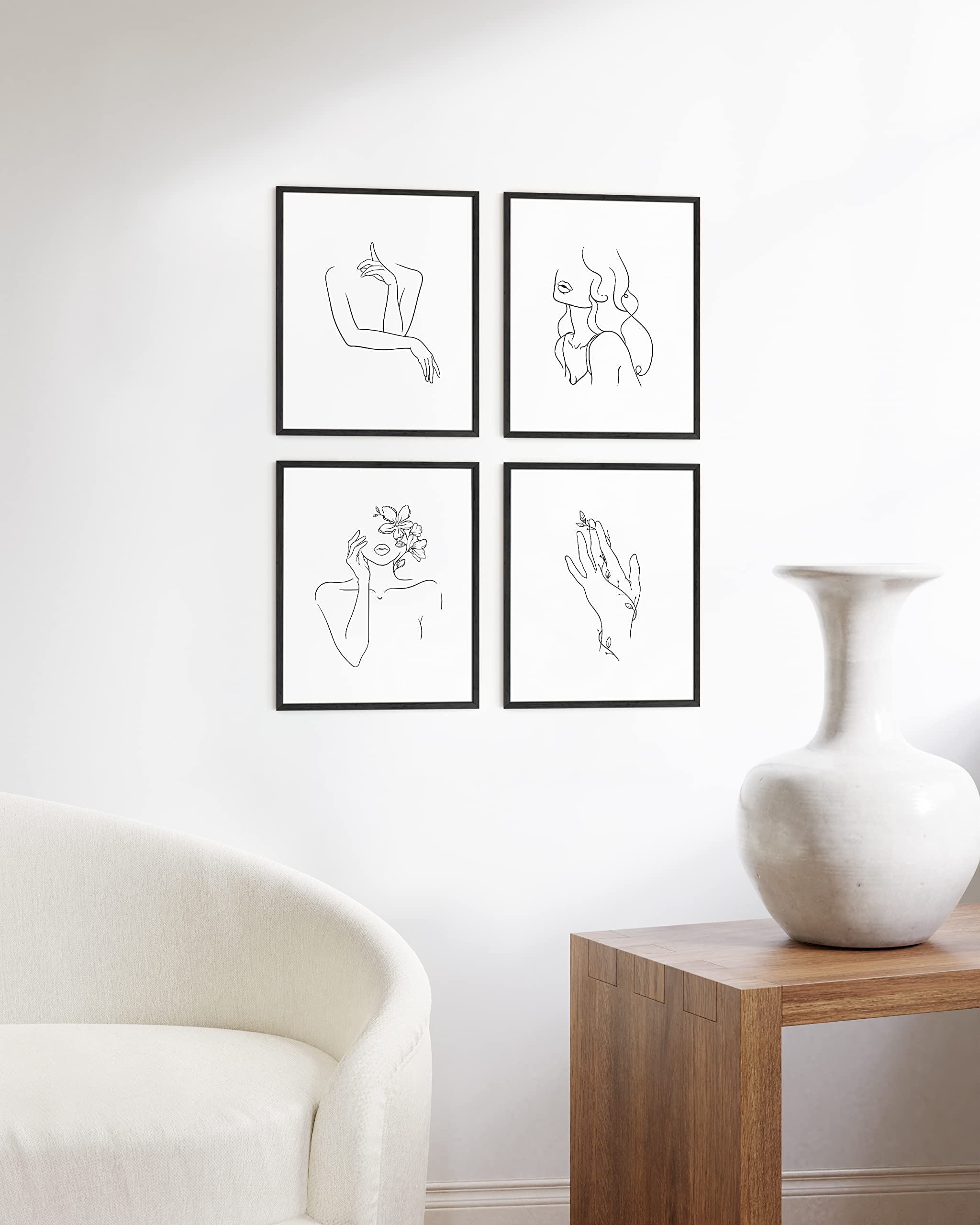 Ripgrip Minimalist Wall Art - Set Of 4 Woman Silhouette Line Drawings, Room Aesthetic Posters, Abstract Decor (Black Frame, 8X10