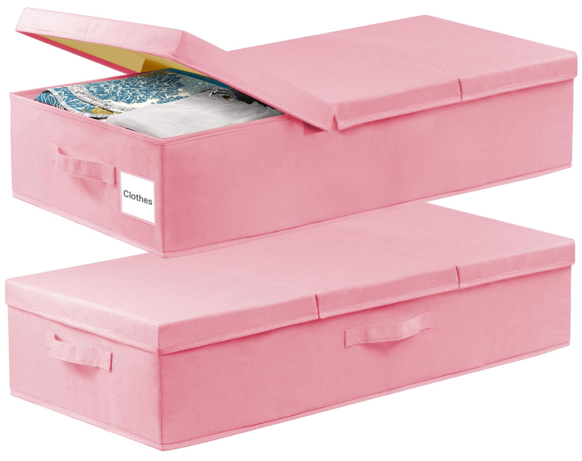 punemi Under Bed Storage With Lids, 2 Pack Pink Underbed Storage Bins Containers for Girls Daughter, Large Low Profile Stackable