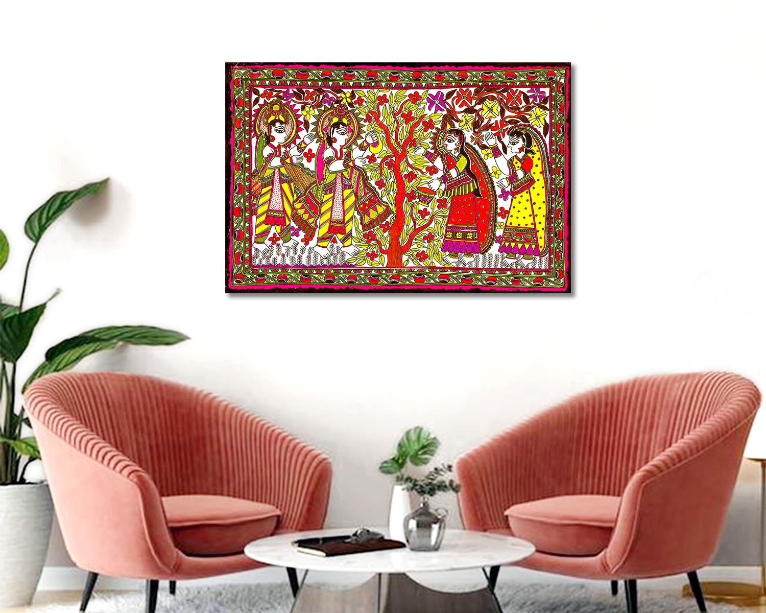 Tamatina Madhubani Art Canvas Painting for Home, Living Room, Bed Room | Sita Ram Traditional Painting for Diwali Home Decor | S
