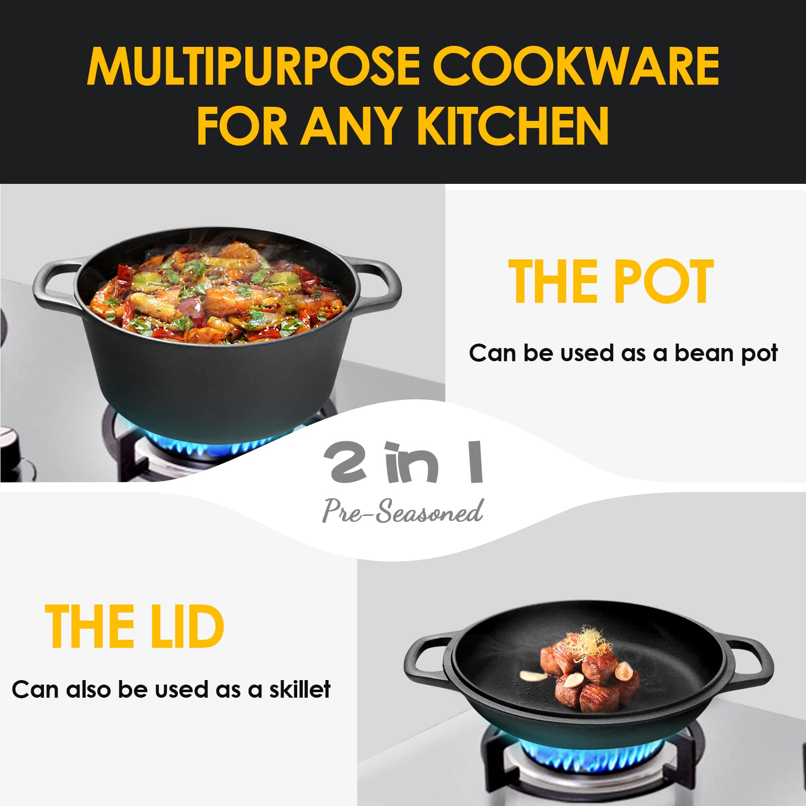 Edging Casting 2-In-1 Pre-Seasoned Cast Iron Dutch Oven Pot With Skillet Lid Cooking Pan, Cast Iron Skillet Cookware Pan Set Wit
