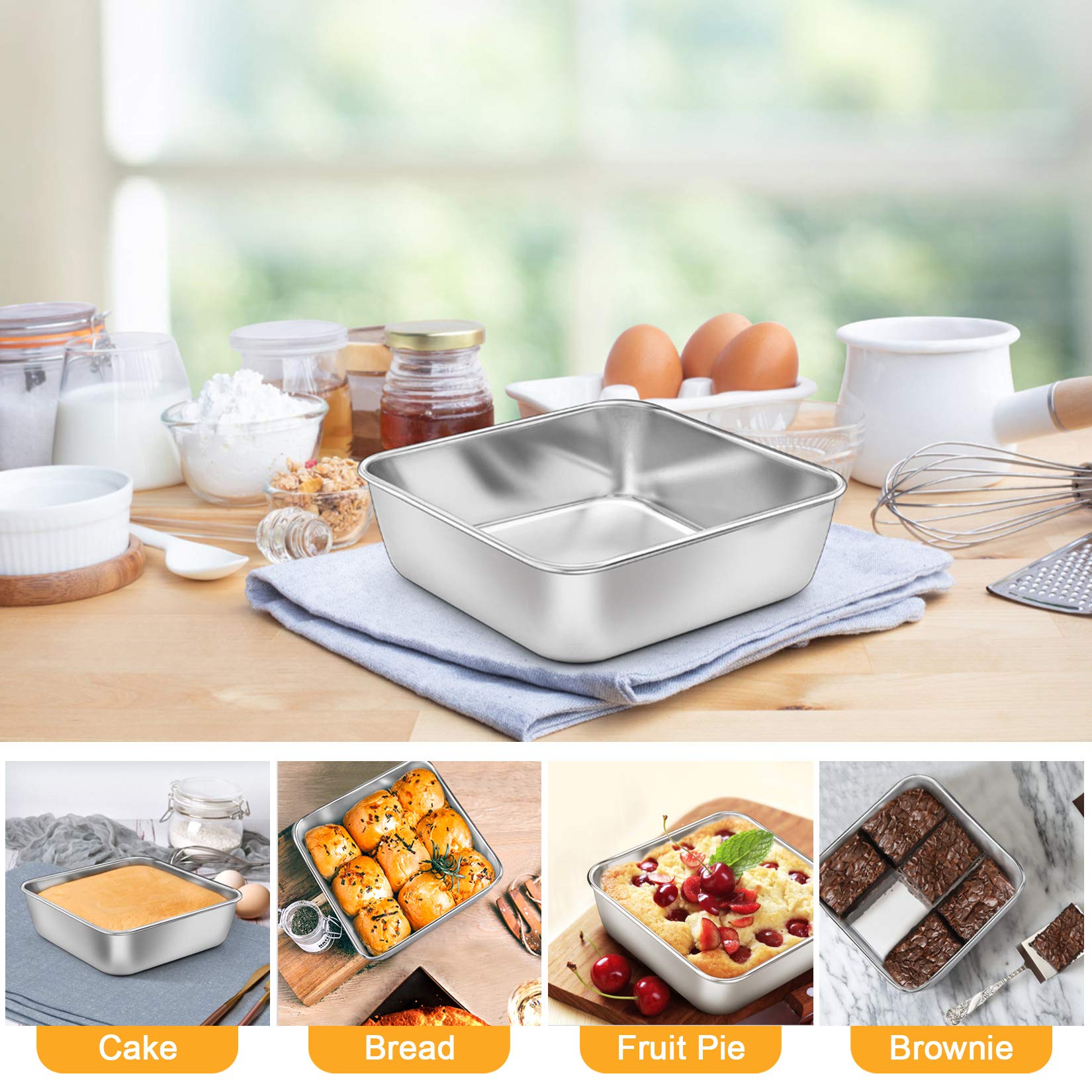 P&P Chef 6 Inch Square Baking Cake Pans (4 Pcs), Small Stainless Steel Lasagna Brownie Pan For Birthday Cake Bread Pie, Non-Toxi