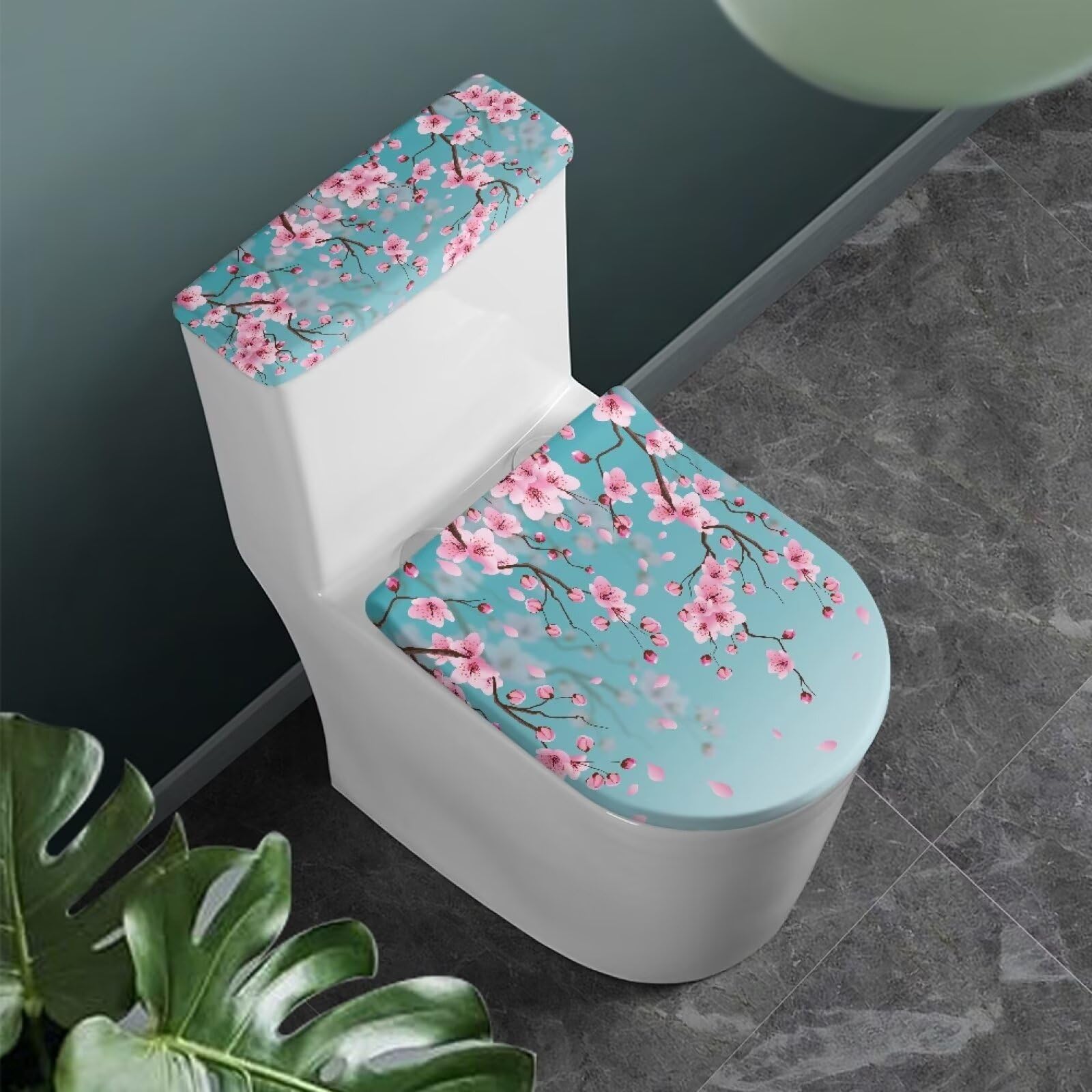 Darisoco Cherry Blossom Blue Bathroom Toilet Lid Seat Cover & Toilet Tank Lid Cover Machine Washable Fits Most Standard Toilet 1