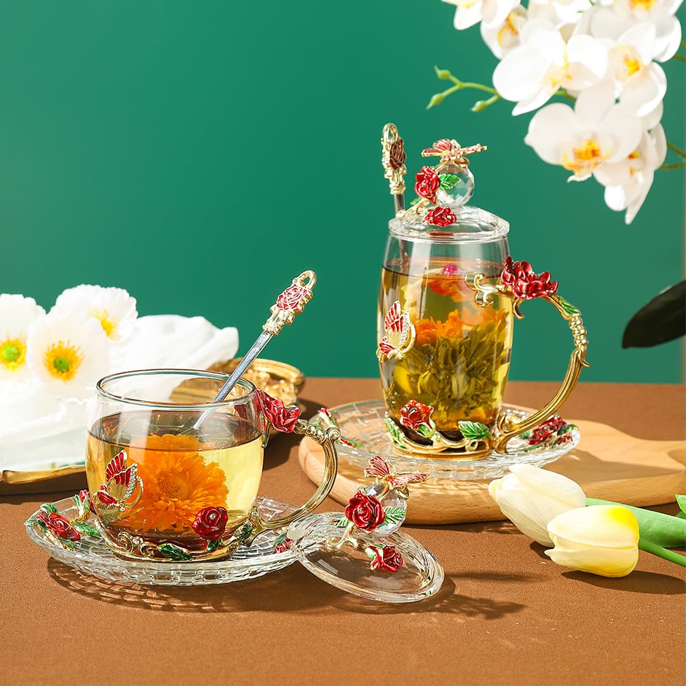 Lantree Fancy Glass Tea Cup With Lid Saucer Spoon Flower Coffee Mug Unique Birthday Gift For Friend Female Mother-In-Low Daughte