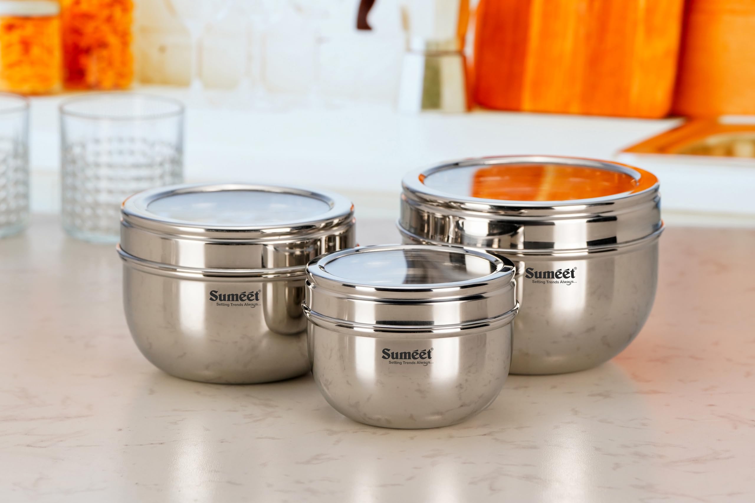Sumeet Stainless Steel Apple Shape Storage Containers For Kitchen With Transparent See Through Lid  11Cm  13Cm & 14.5Cm Dia  600Ml  900Ml & 1250Ml  Pack Of 3  Silver