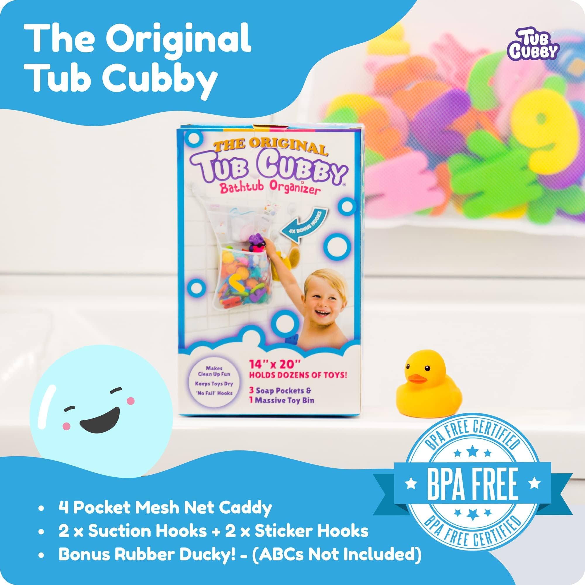 Original Tub Cubby Bath Toy Storage Organizer - 14''X20'' Mesh Shower Caddy With Suction Cup & Adhesive Hooks, Toy Storage Net O