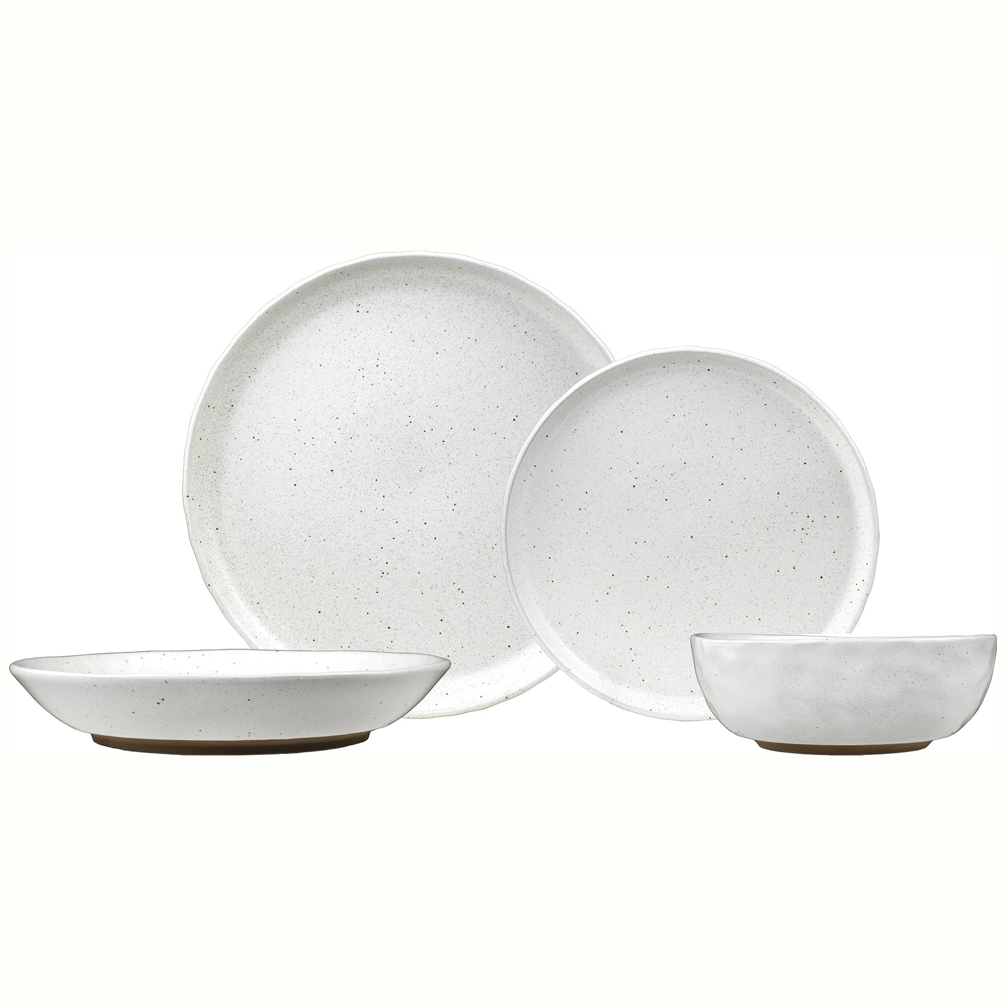 Sango Kaya 16-Piece Casual White Stone Dinnerware Set - Service for 4, Plate & Bowl Set, Rustic White Speckled Design, for Every