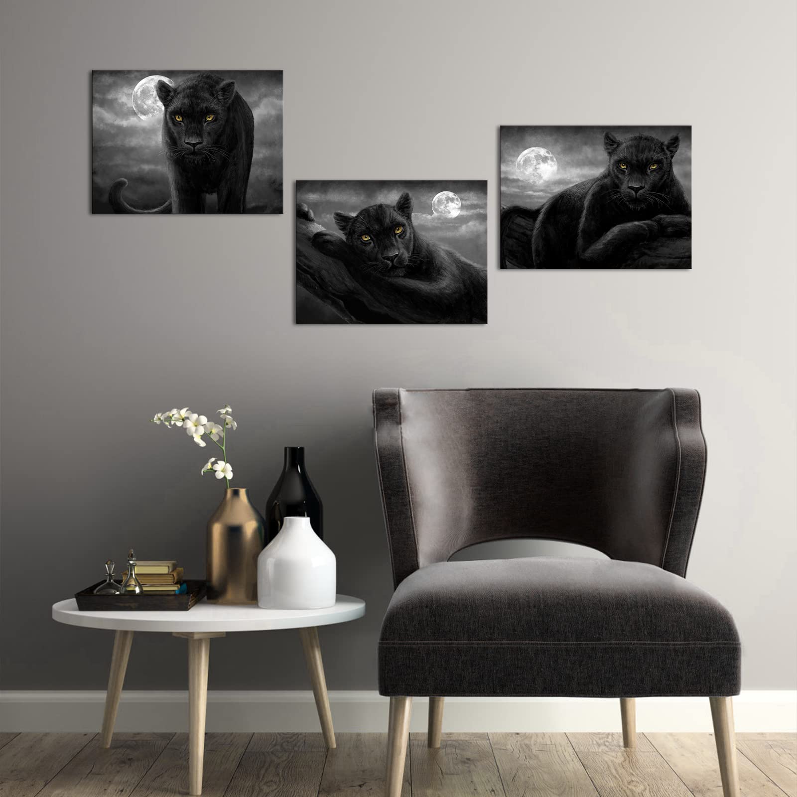 Sechars Panther Canvas Wall Art Black And White Animal And Full Moon Painting Picture Print Wildlife Leopard Artwork For Living