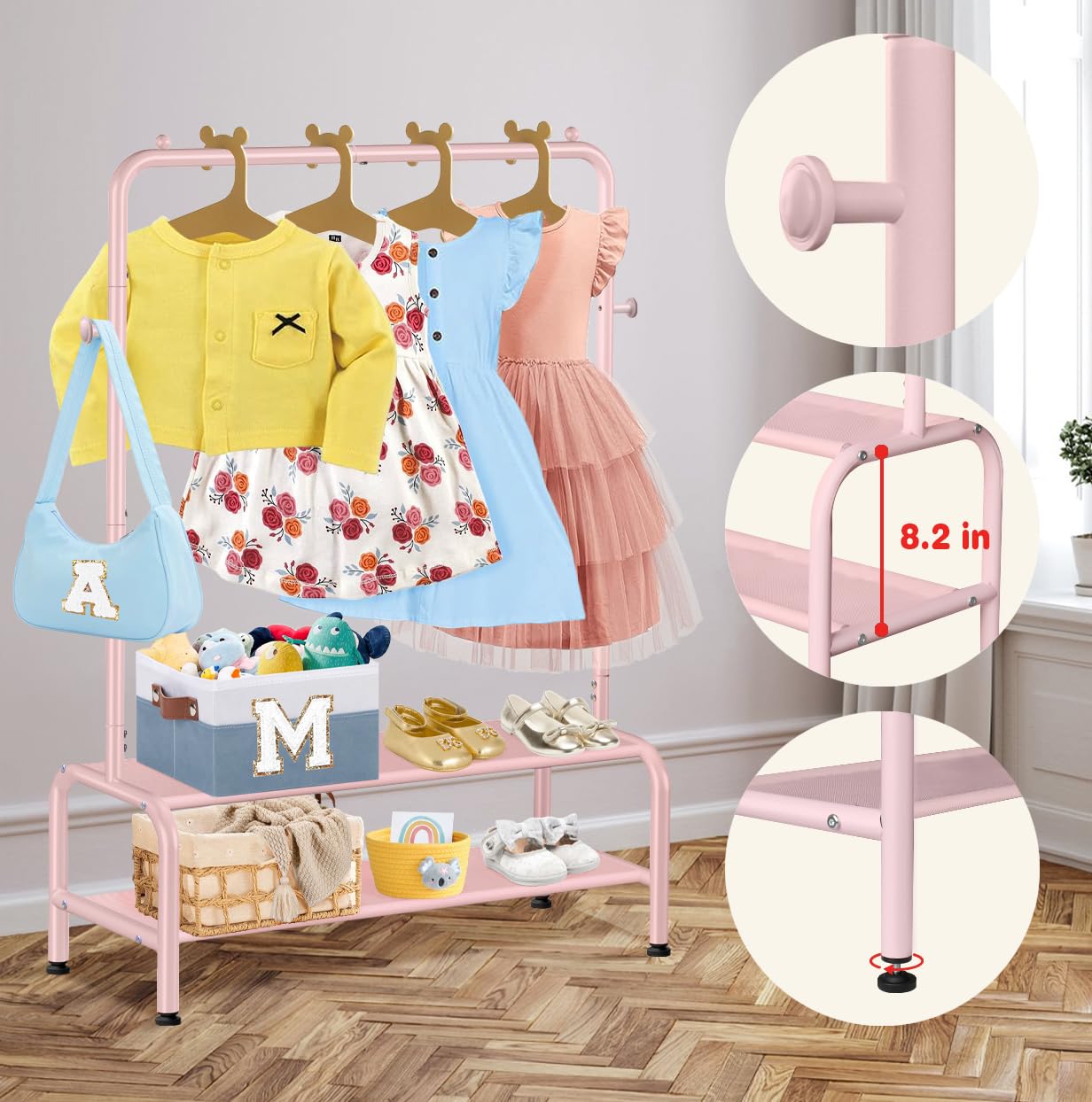 mirolam Kids Clothing Rack - Pink Dress Up Storage with 2 Fabric Shelves - Model SKR-02 - Ideal for Little Girls' Rooms