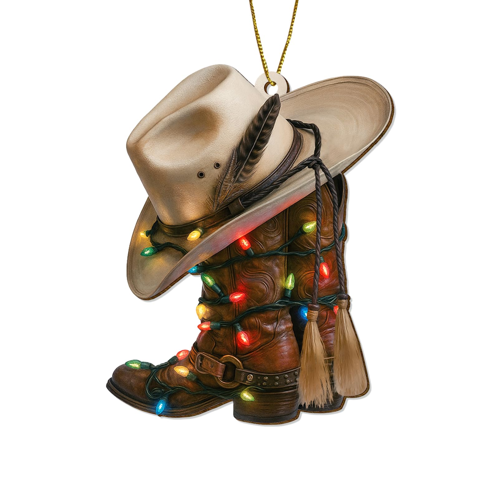 Cowboy Boot & Hat Christmas Ornament 2025 - Double-Sided UV Printed Poplar Wood Western Holiday Decor