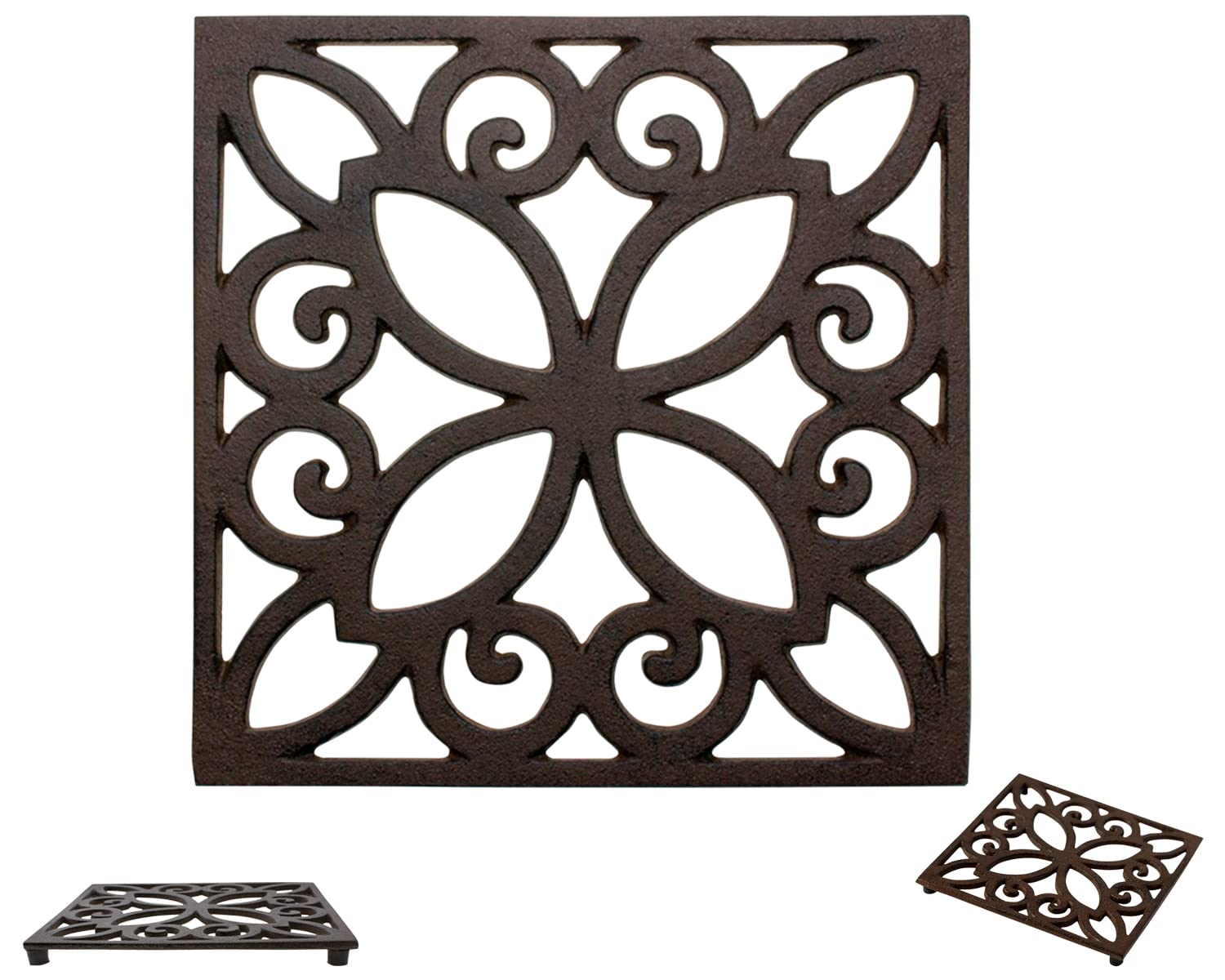 Comfify Decorative Cast Iron Trivet For Kitchen Or Dining Table | Square With Vintage Pattern - 6.5 X 6.5 | With Rubber Pegs/Fee