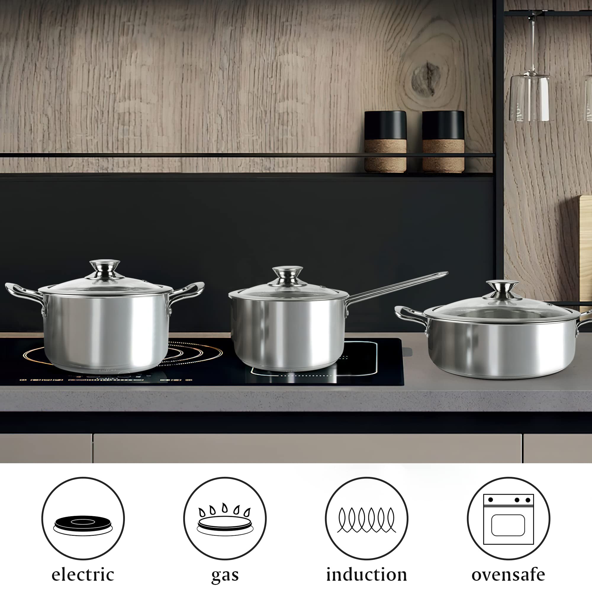 Wodillo Stainless Steel Cookware Set, 6-Piece Pots and Pans Set, Kitchen Induction Pots Set, Works with Electric and Gas Cooktop