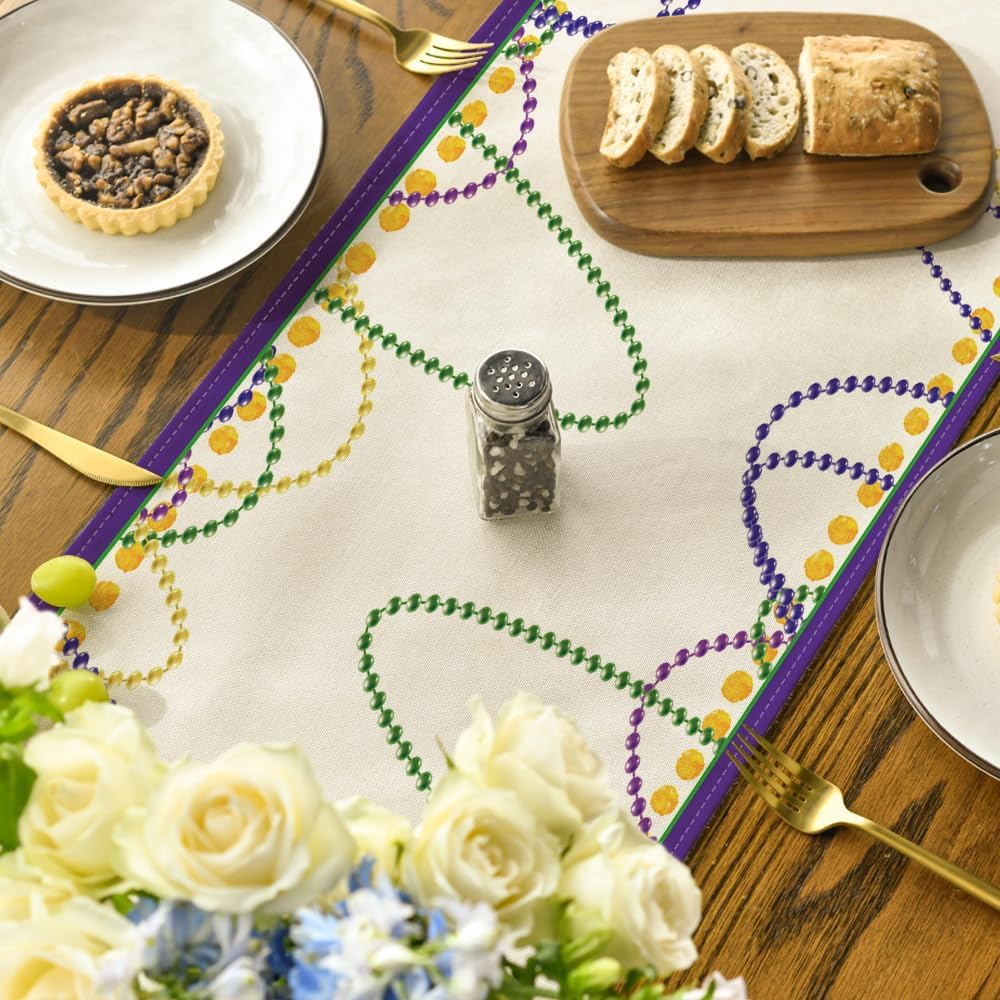 Artoid Mode Beads Happy Mardi Gras Carnival Table Runner, Holiday Kitchen Dining Table Decoration For Home Party Decor 13 X 60 I