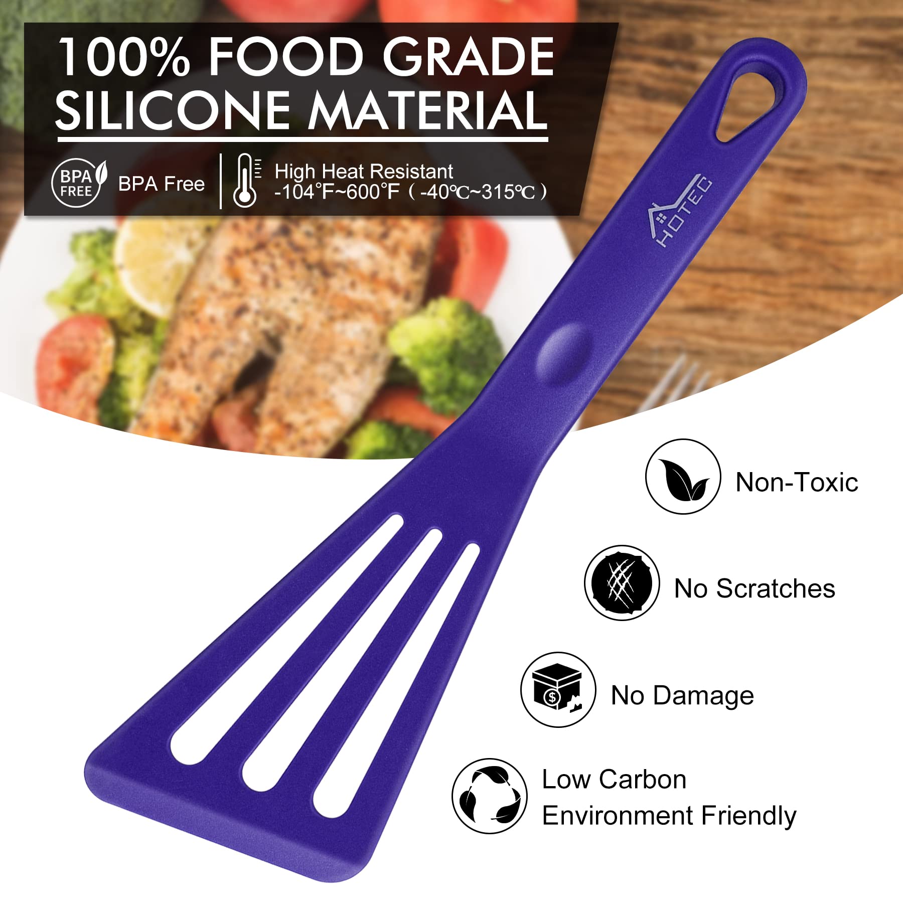 Hotec Heat Resistant Silicone Slotted Fish Turner Spatula Set, Kitchen Cooking Spatulas, For Non Stick Cookware Dishwasher Safe
