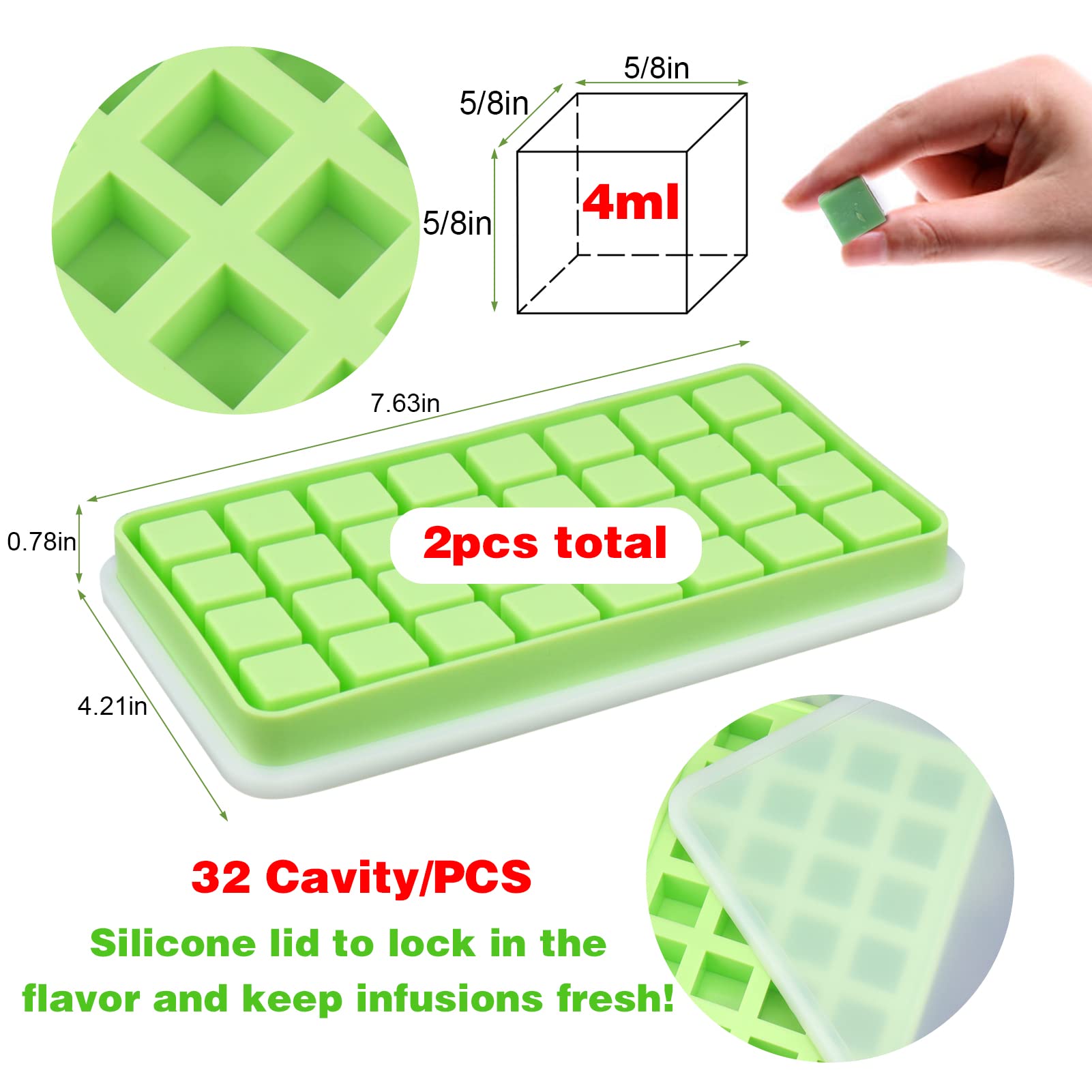 AIERSA 2Pcs Silicone Molds for Herb-Infused Oil Cubes  32 Cavity Candy Gummy Molds with Lids & 2 Droppers for DIY 5/8x5/8x5/8in Square Gummies  Homemade Herbal Blocks  Jello  Pralines Caramels