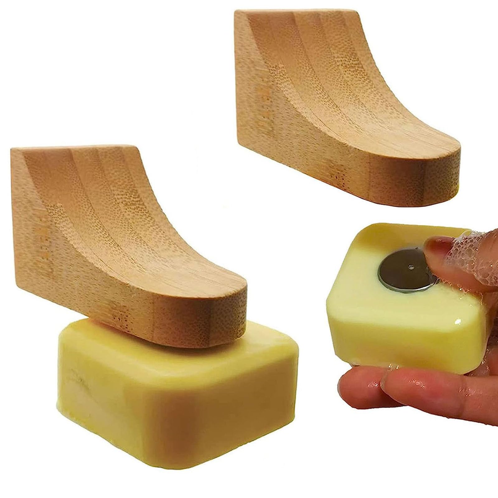(2Sets)Bamboo Magnetic Bar Soap Holder For Shower Wall,Magnet Soap Saver For Bar Soaps Self Draining,Shower Storage For Soaps &