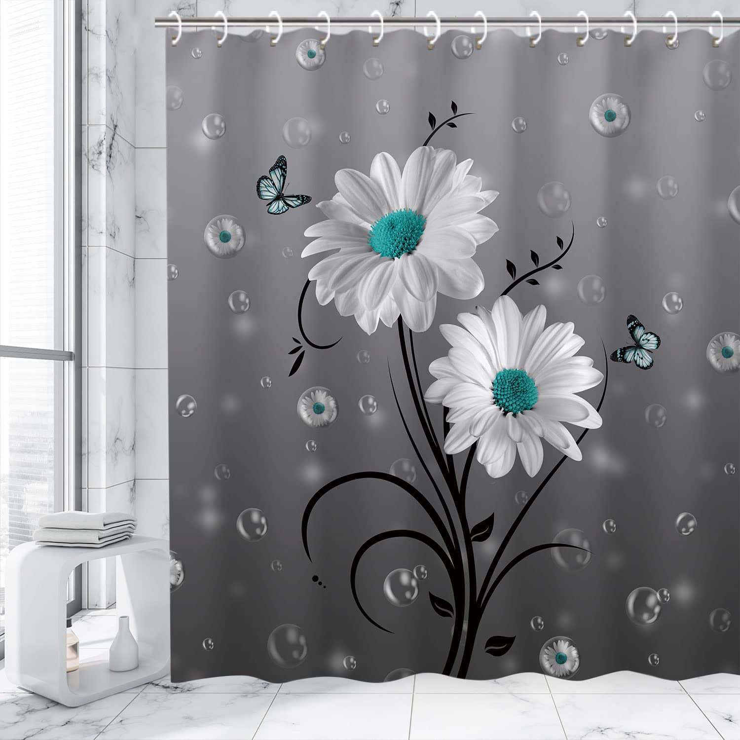 Rosielily Daisy Shower Curtain Floral Shower Curtain Gray Shower Curtain White Floral Butterfly Shower Curtain For Bathroom Rust