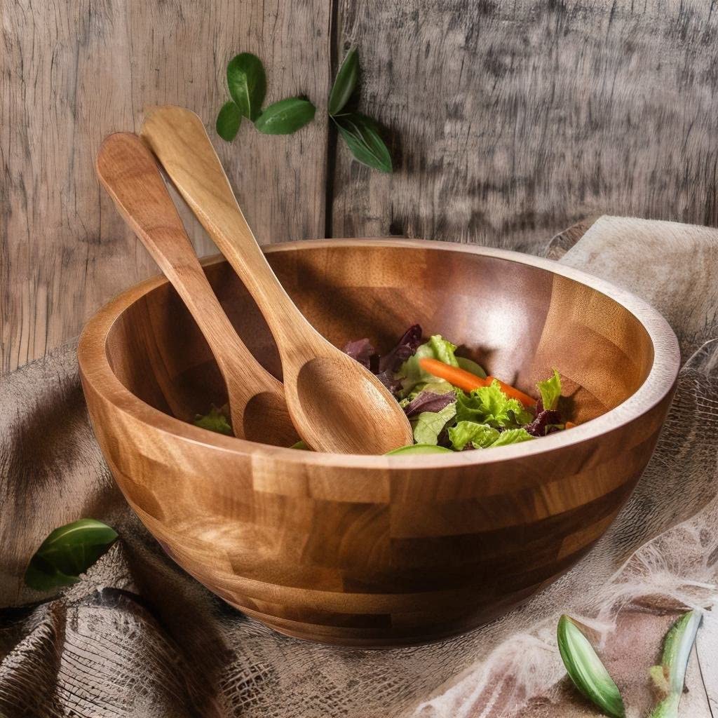 Palm Naki Premium Acacia Wood Salad Bowl And Servers Set - 3 Piece, Sustainable & Durable - Available In Two Sizes - Elegant And