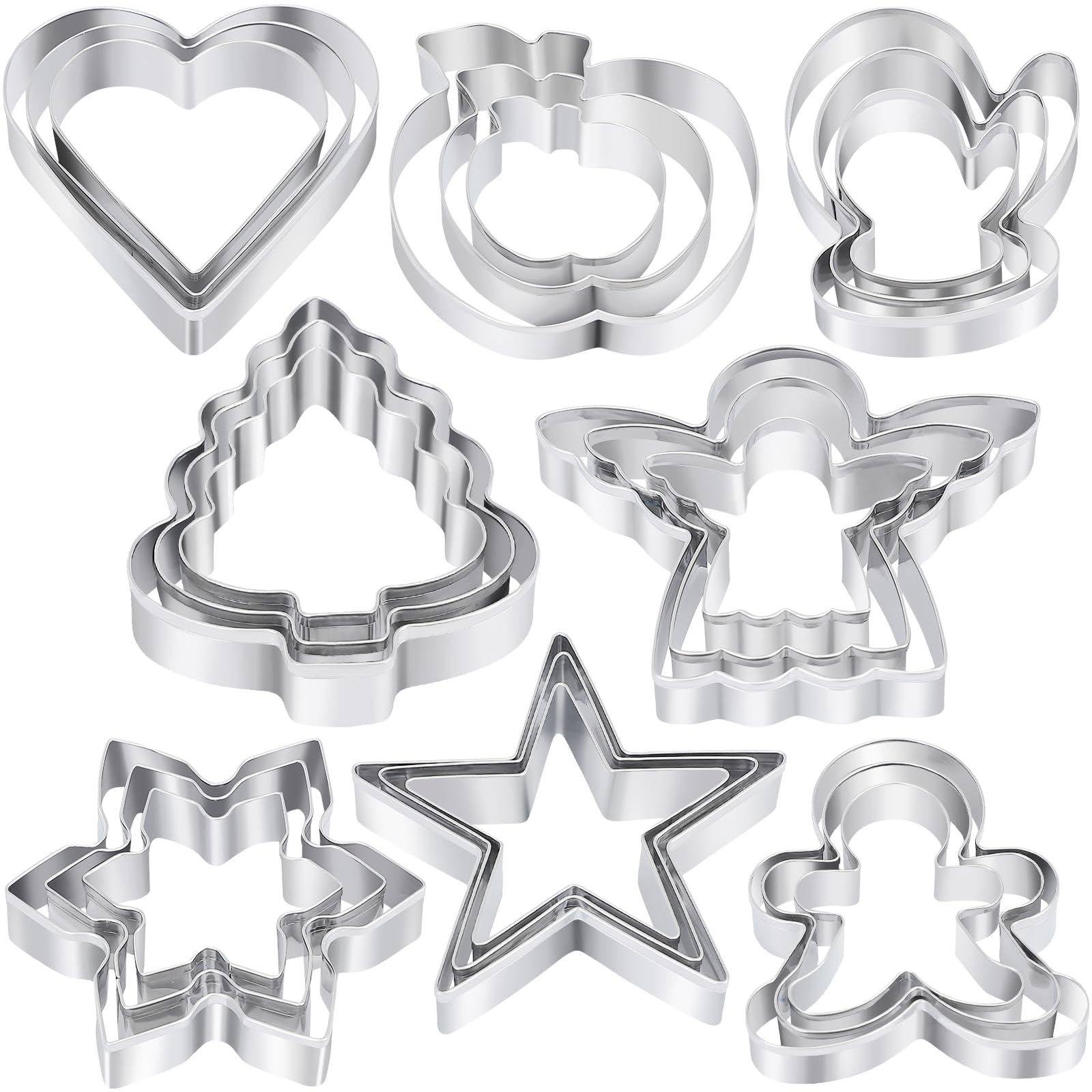 Christmas Cookie Cutters Set - 24 Pcs Holiday Cookie Cutter with 8 Shapes - Gingerbread Men, Christmas Tree, Snowflake, Apple, A