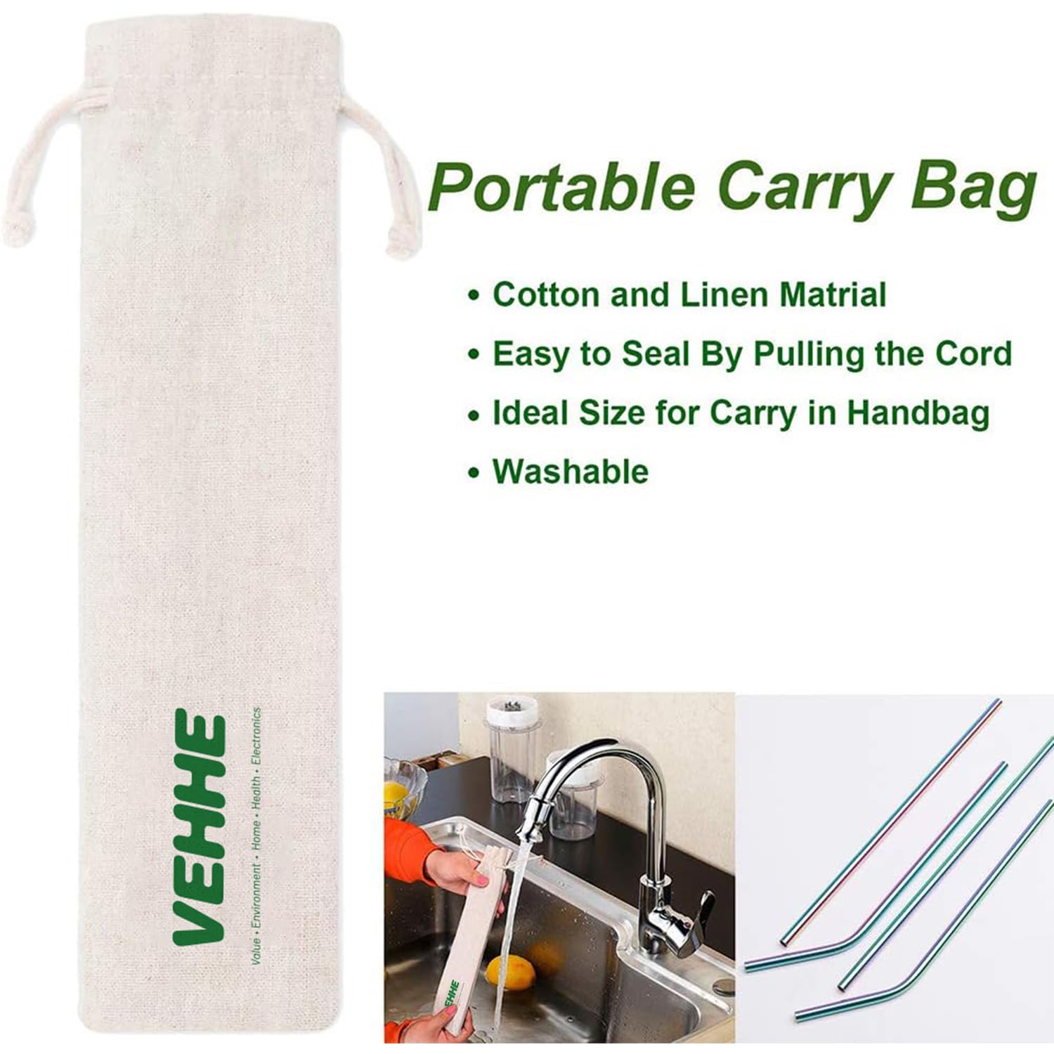 Vehhe Reusable Straws 8 Set Multi Color Stainless Steel Straws - Cleaning Brush For 20 Oz (Rainbow 8.5 Inch + 10.5 Inch)