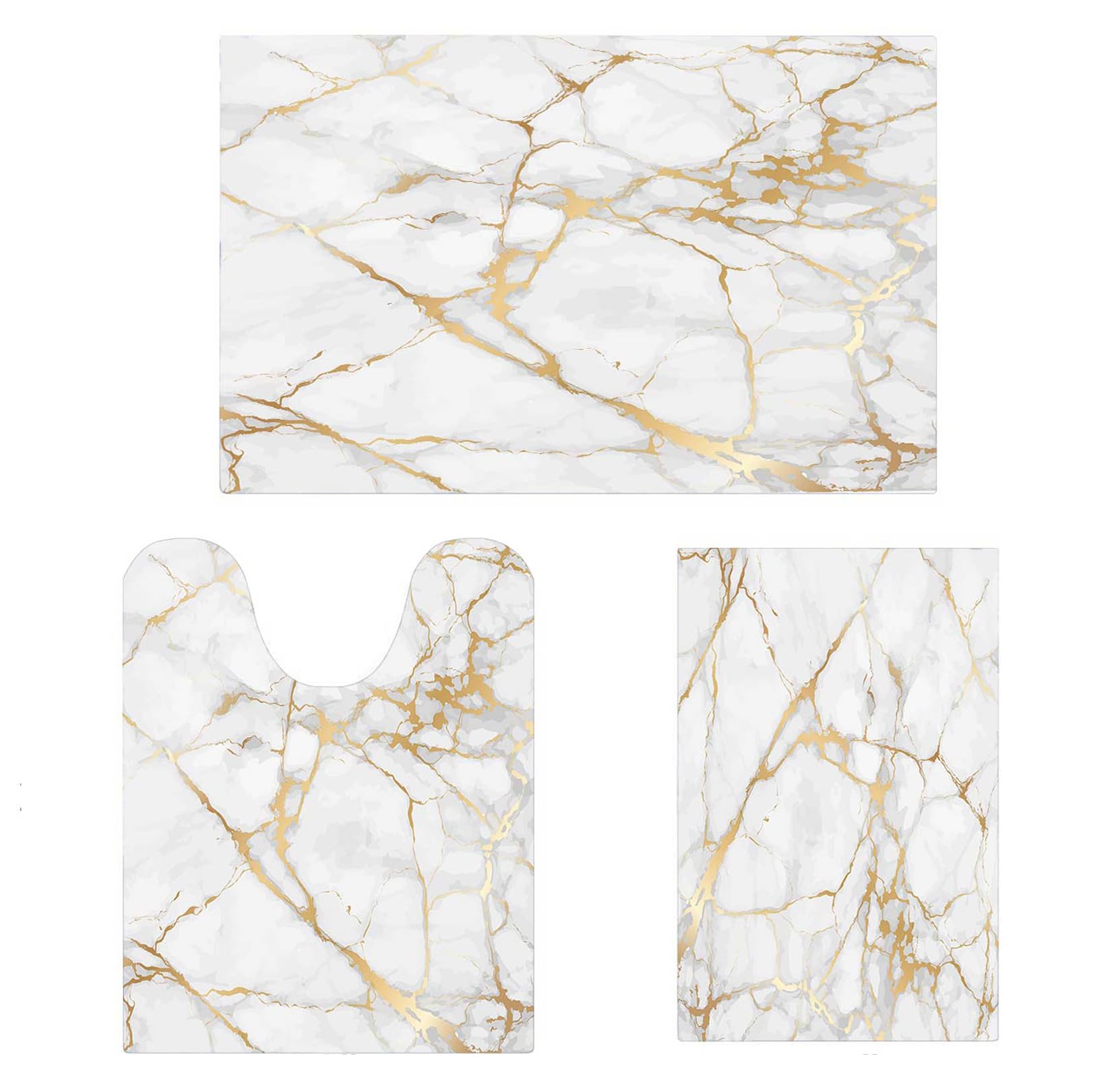 Emmteey Bathroom Rugs Sets 3 Piece, Gold White Marble Toilet Mats Bath Mat Set Non Slip Super Absorbent Bathroom Mat Quick Dryin