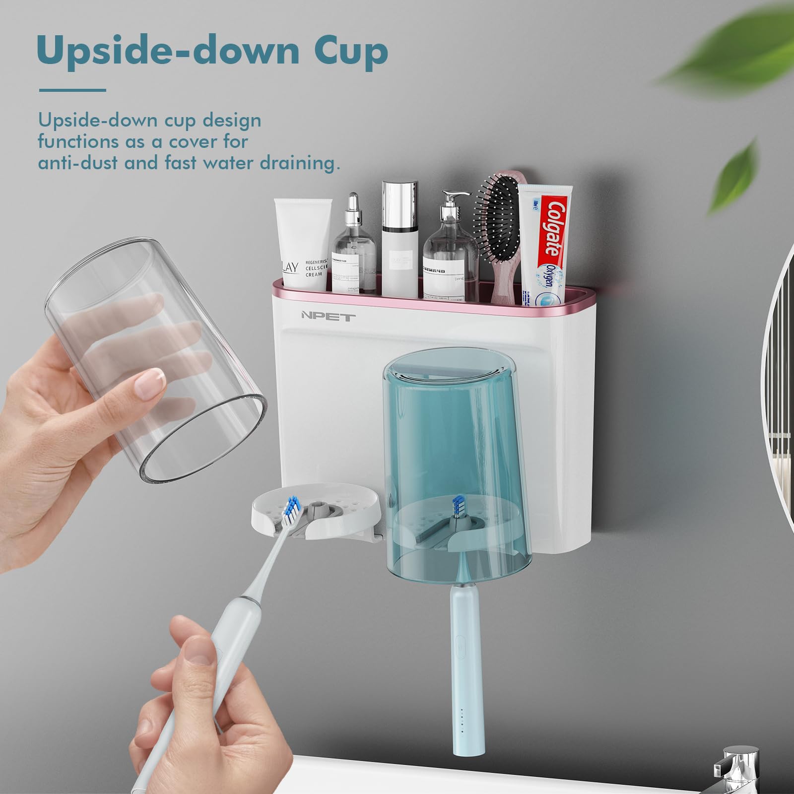 Npet Toothbrush Holder For Bathroom Accessories,2 Cups Toothbrush Holder Wall Mounted, Multi-Functional Toothbrush Holder Set Wi